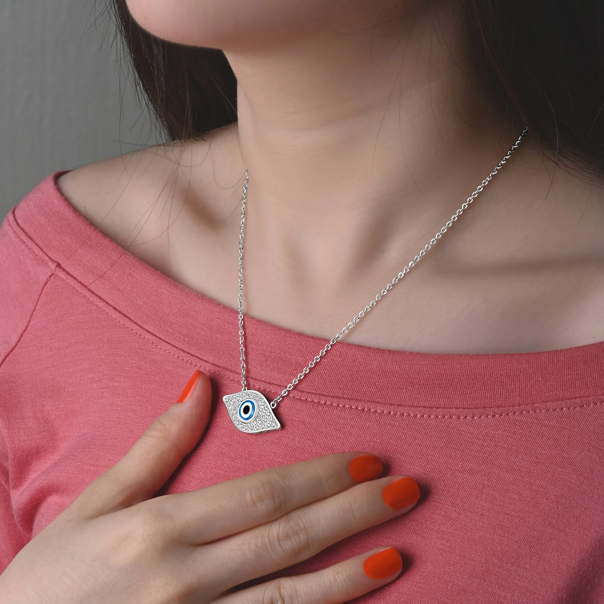 CZ Evil Eye Necklace Sterling Silver with Blue Evil Eye Bead