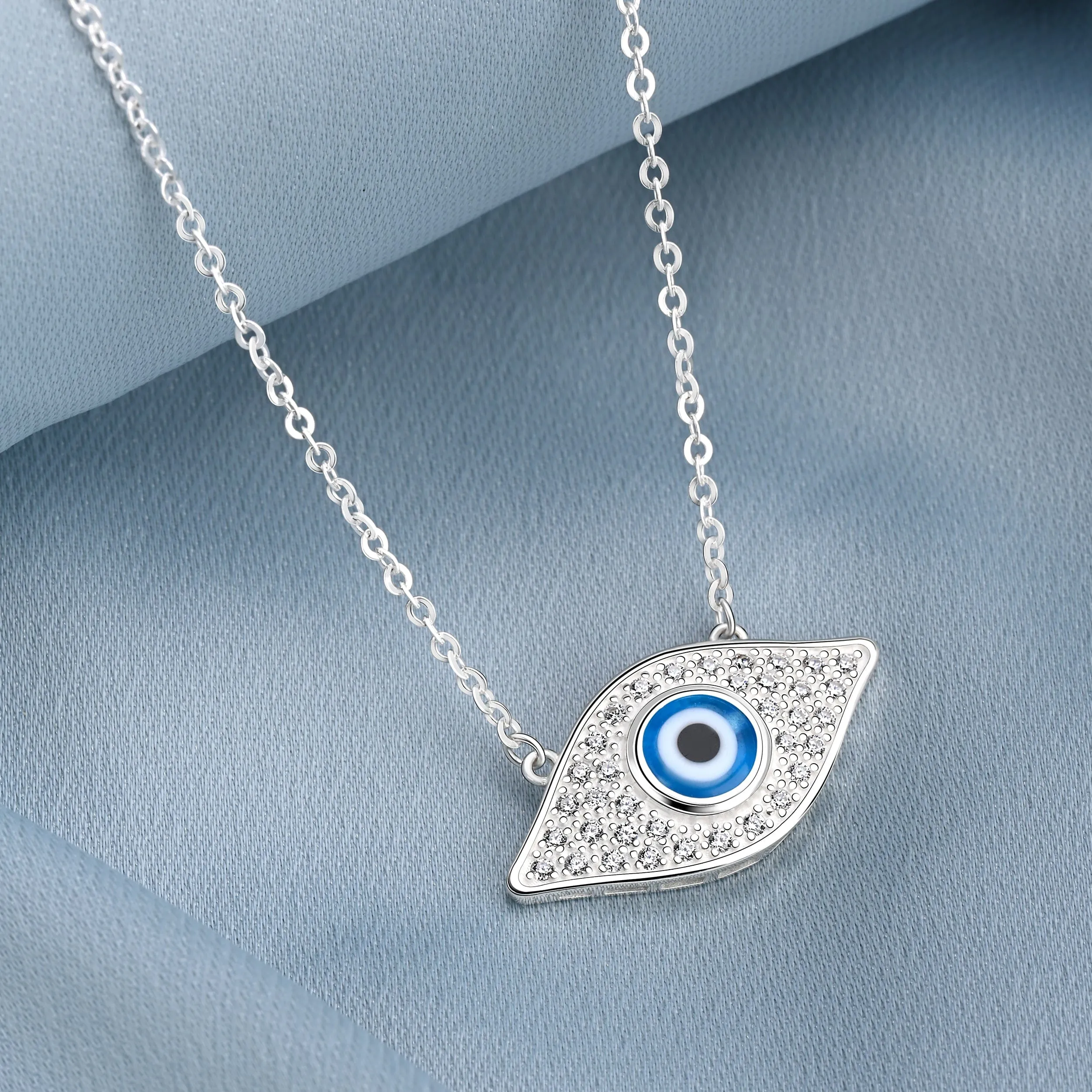 CZ Evil Eye Necklace Sterling Silver with Blue Evil Eye Bead