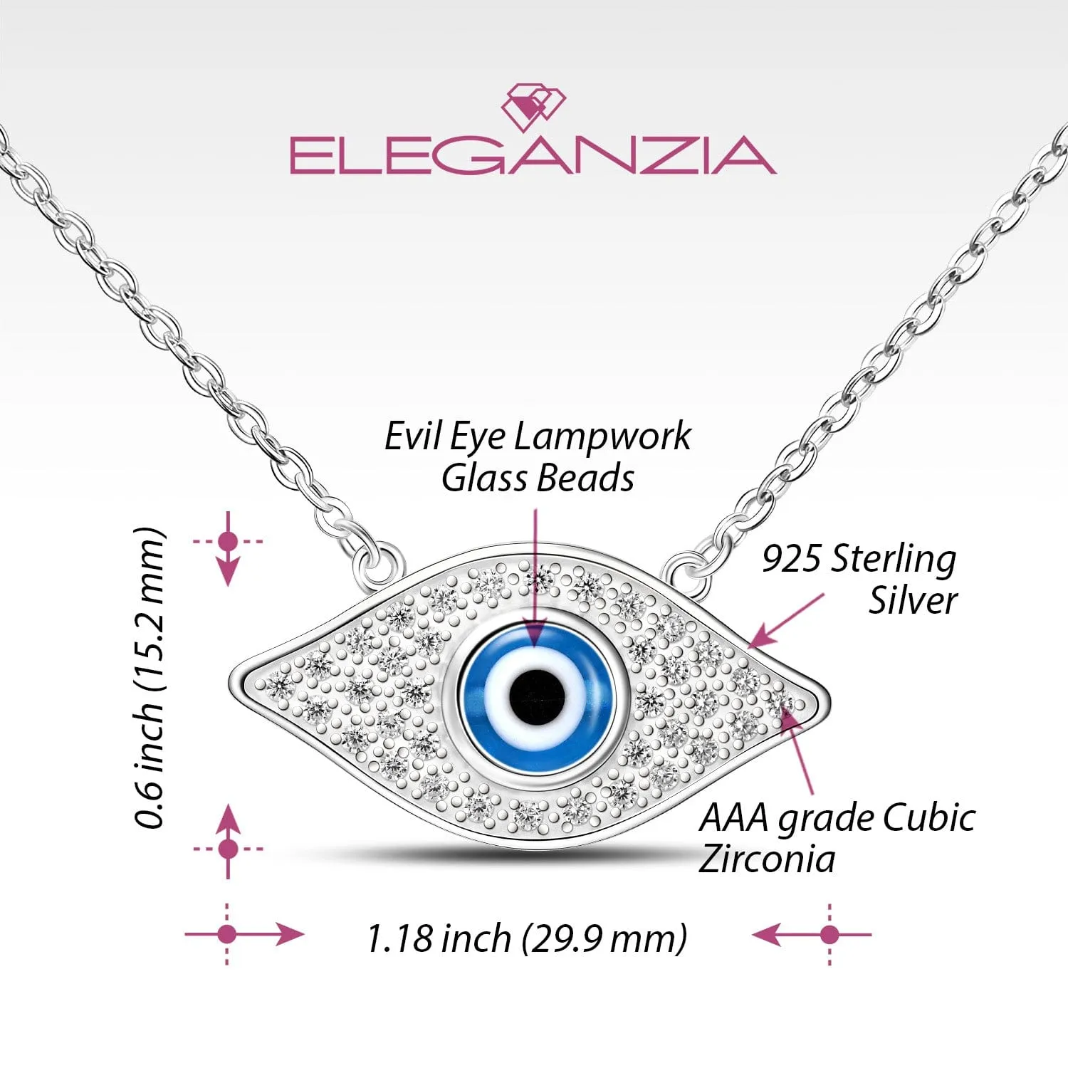 CZ Evil Eye Necklace Sterling Silver with Blue Evil Eye Bead