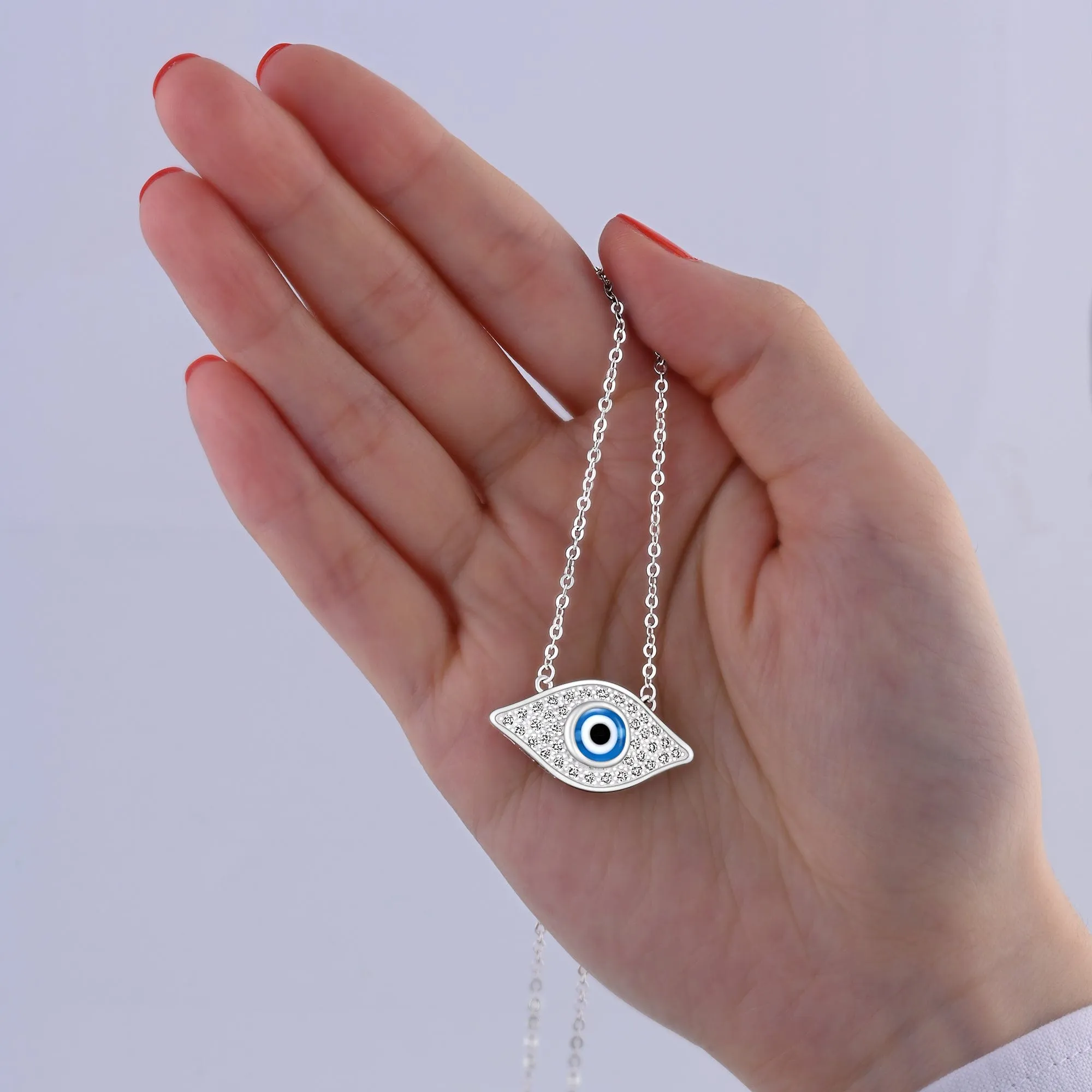 CZ Evil Eye Necklace Sterling Silver with Blue Evil Eye Bead