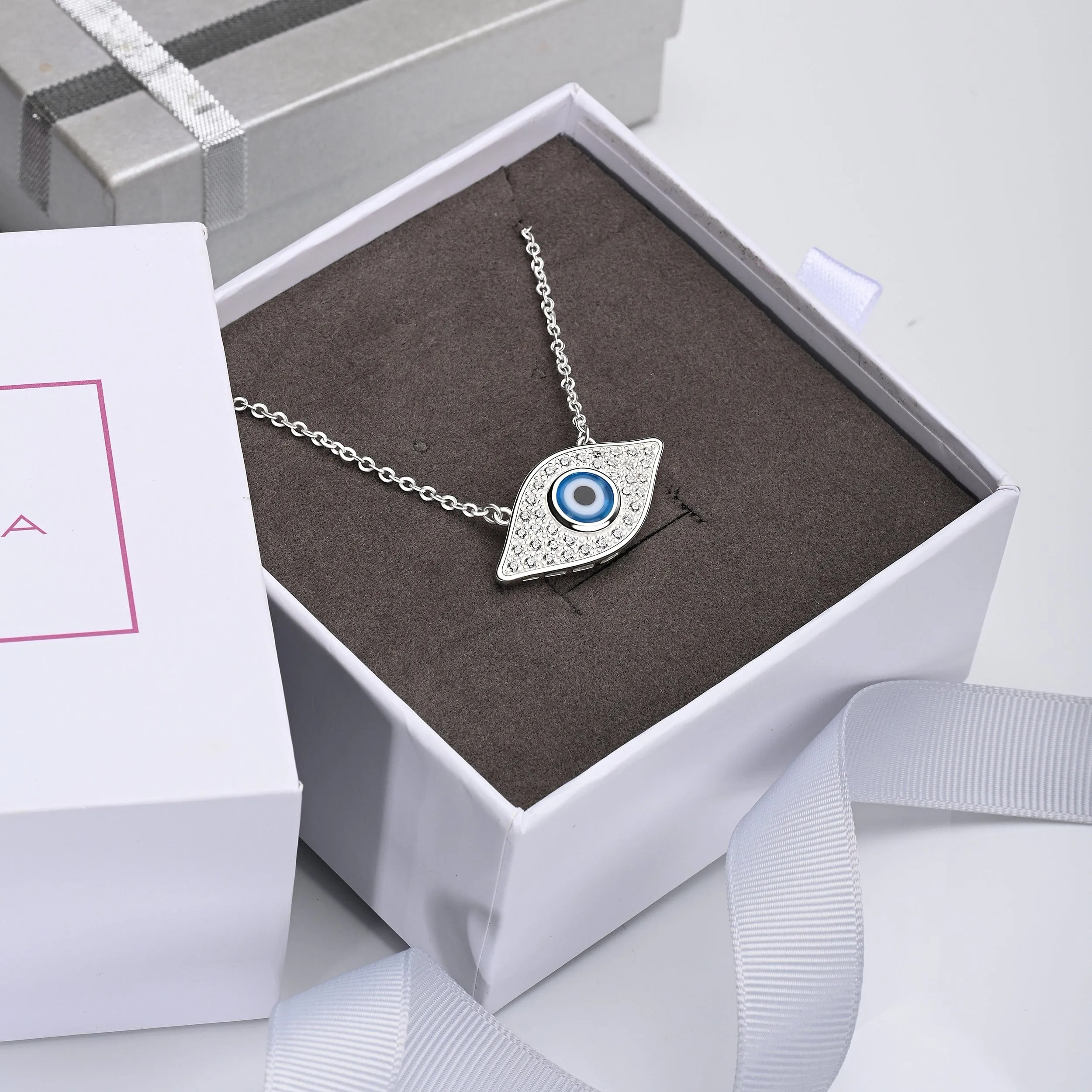 CZ Evil Eye Necklace Sterling Silver with Blue Evil Eye Bead