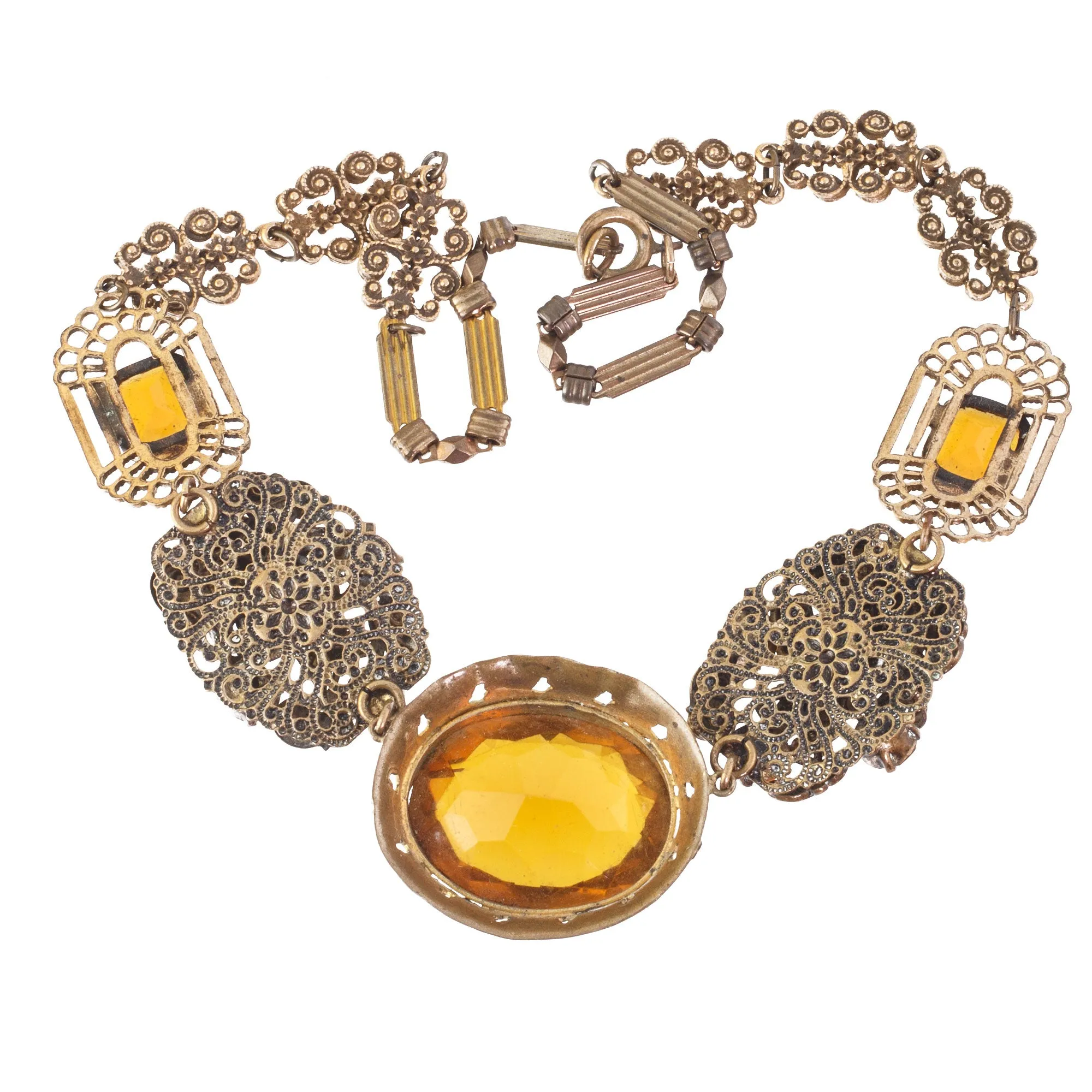 Edwardian Gurtler Work Necklace, golden glass gems. Czech. J-NLED502