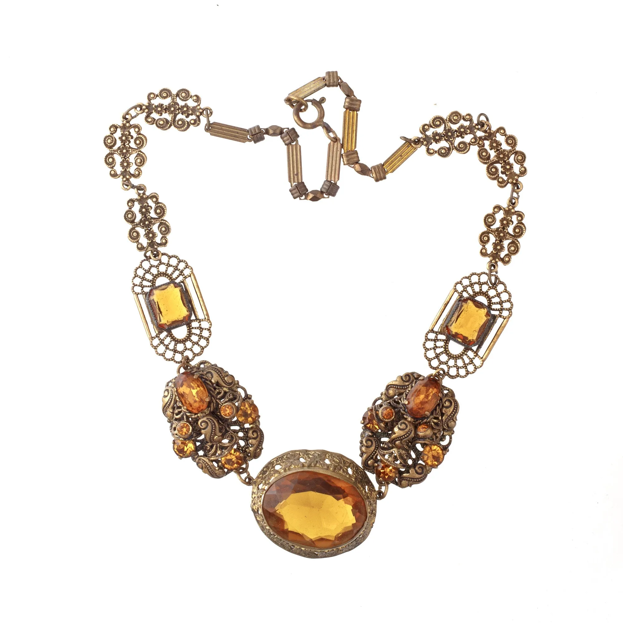 Edwardian Gurtler Work Necklace, golden glass gems. Czech. J-NLED502