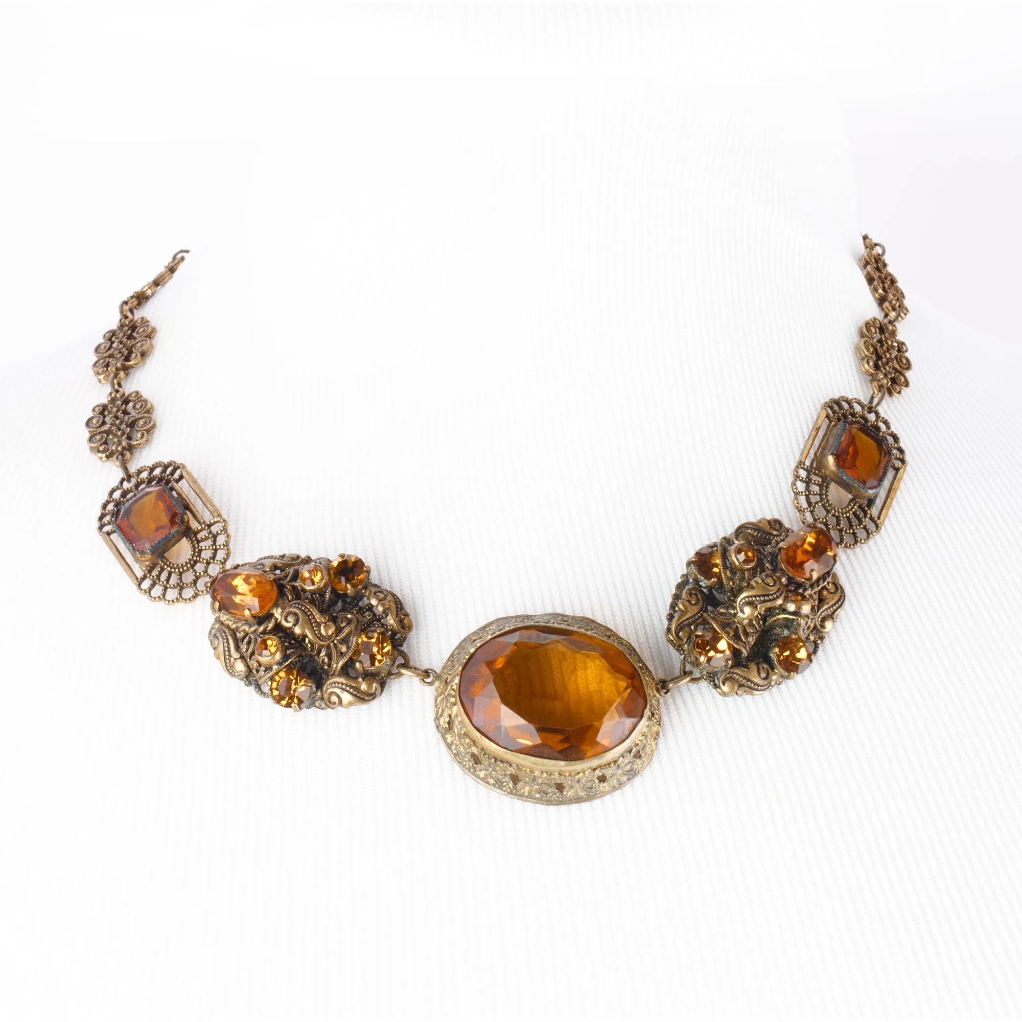 Edwardian Gurtler Work Necklace, golden glass gems. Czech. J-NLED502