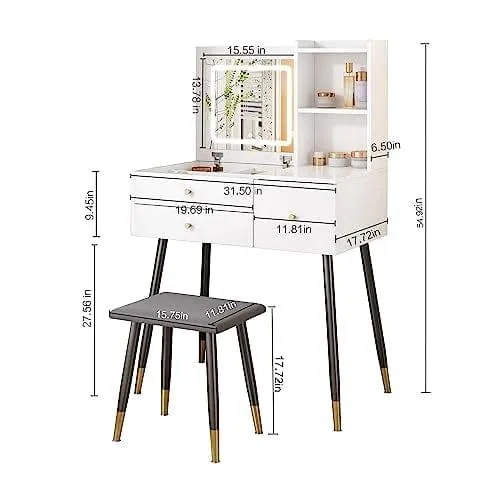 Elias White Vanity Set with 3 Color Touch Screen Dimming Mirror Flip Top Mirror and Cushioned Stool, Lights Vanity Mirror with Desk and Stool Makeup Vanity Table