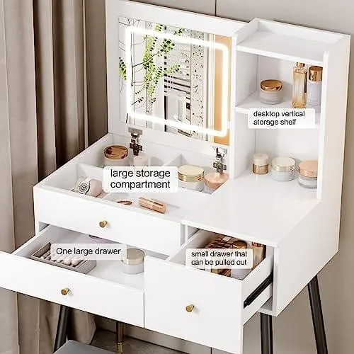 Elias White Vanity Set with 3 Color Touch Screen Dimming Mirror Flip Top Mirror and Cushioned Stool, Lights Vanity Mirror with Desk and Stool Makeup Vanity Table