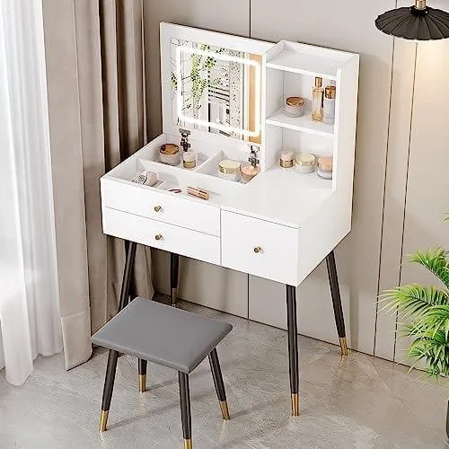 Elias White Vanity Set with 3 Color Touch Screen Dimming Mirror Flip Top Mirror and Cushioned Stool, Lights Vanity Mirror with Desk and Stool Makeup Vanity Table