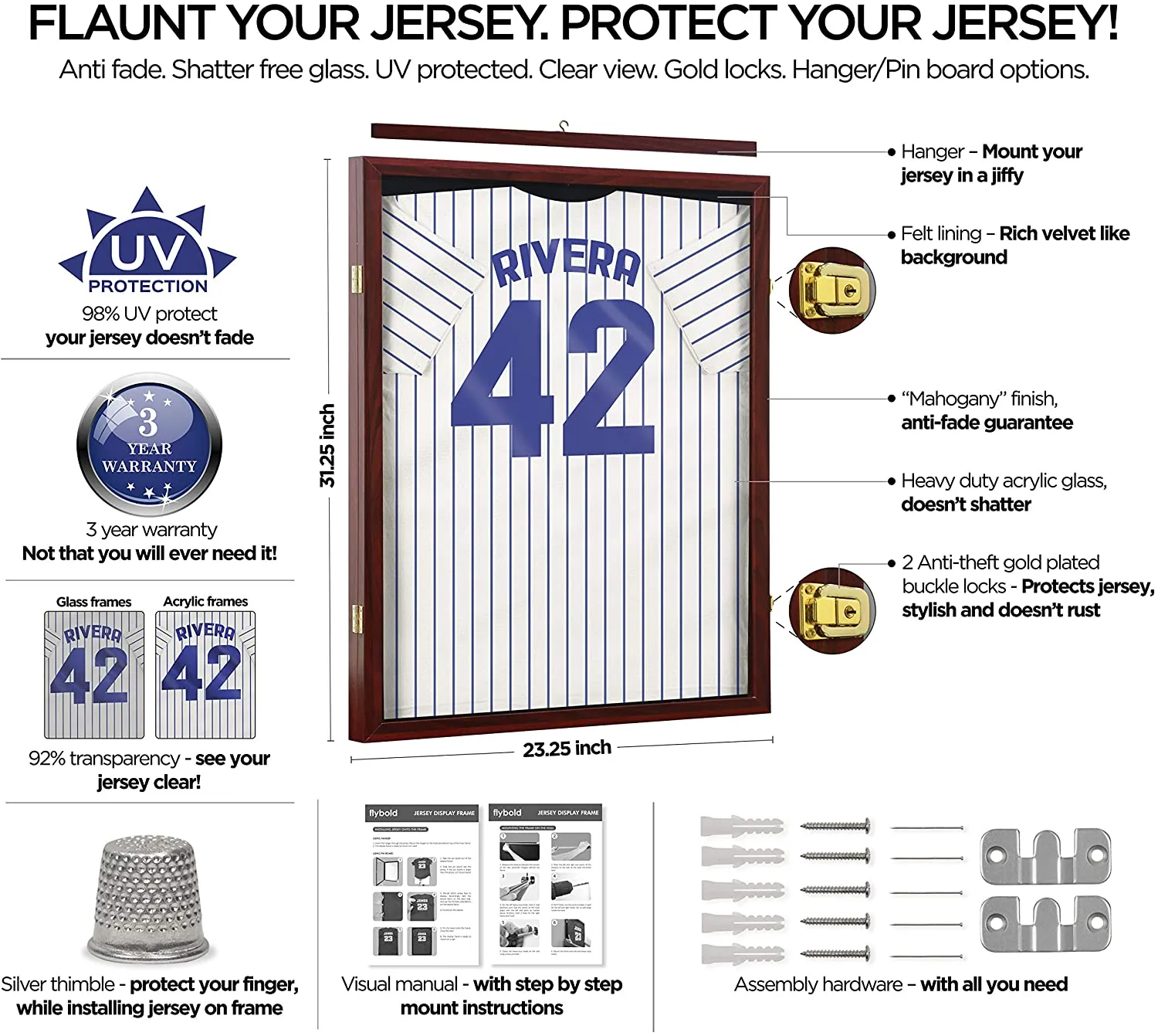 Flybold Jersey Frame Display Case 34.5x26.5x2.75 Inches Mahogany