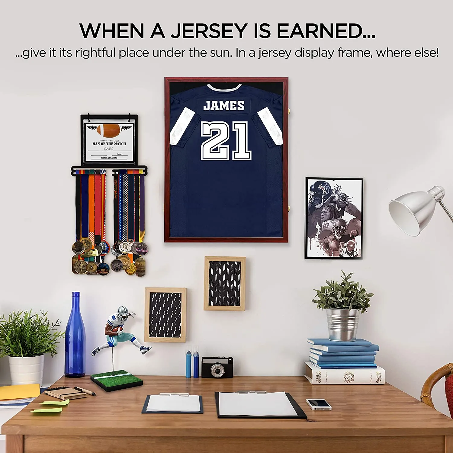 Flybold Jersey Frame Display Case 34.5x26.5x2.75 Inches Mahogany