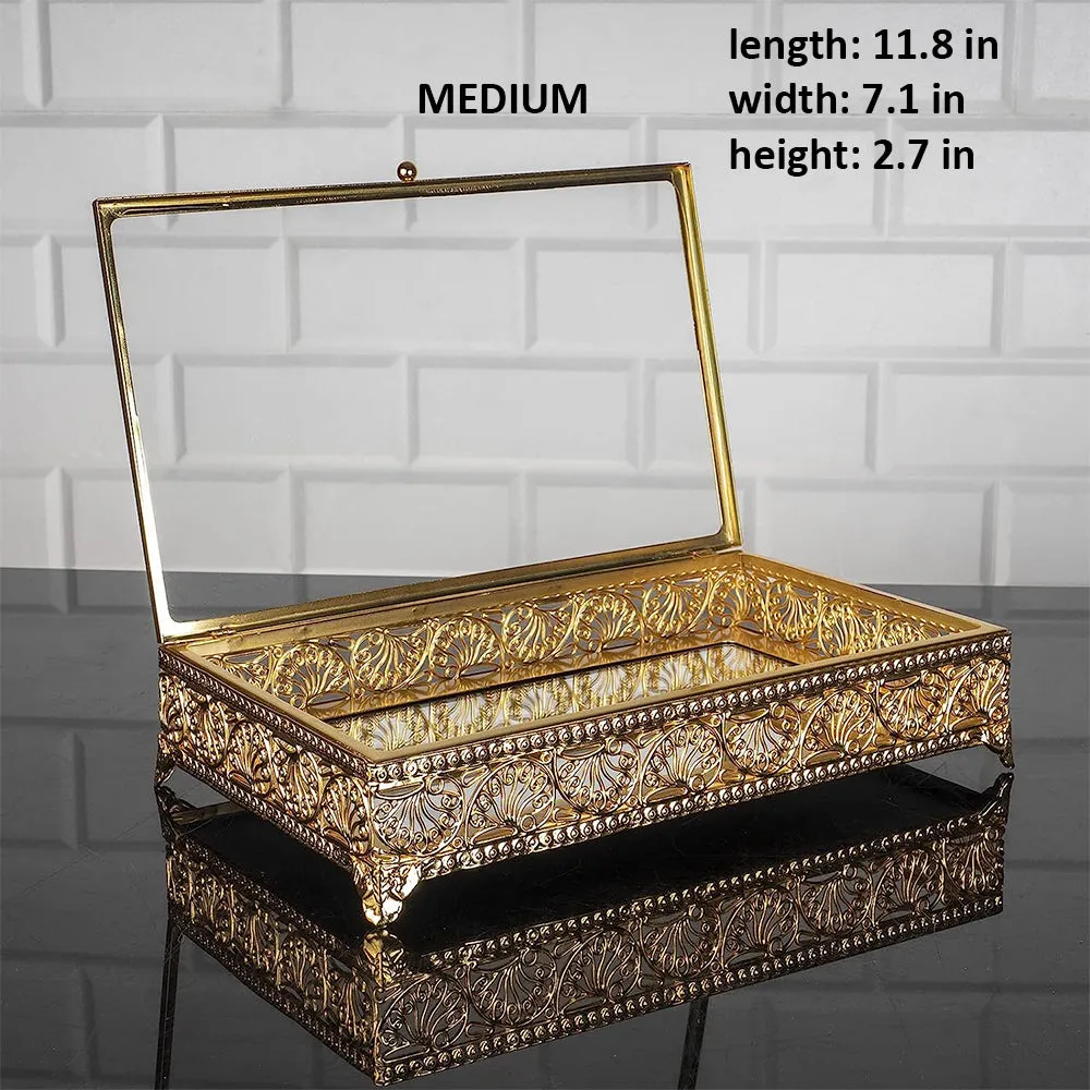 Handmade Fancy Keepsake Boxes, Metal Display Cases, Gold, 11.8"