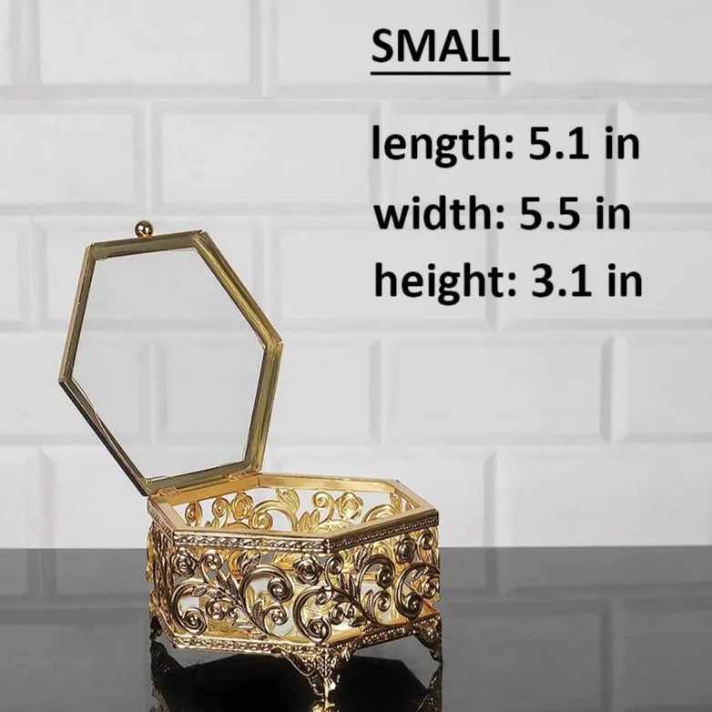 Handmade Hexagon Jewelry Boxes for Women, Gold, 5.1"