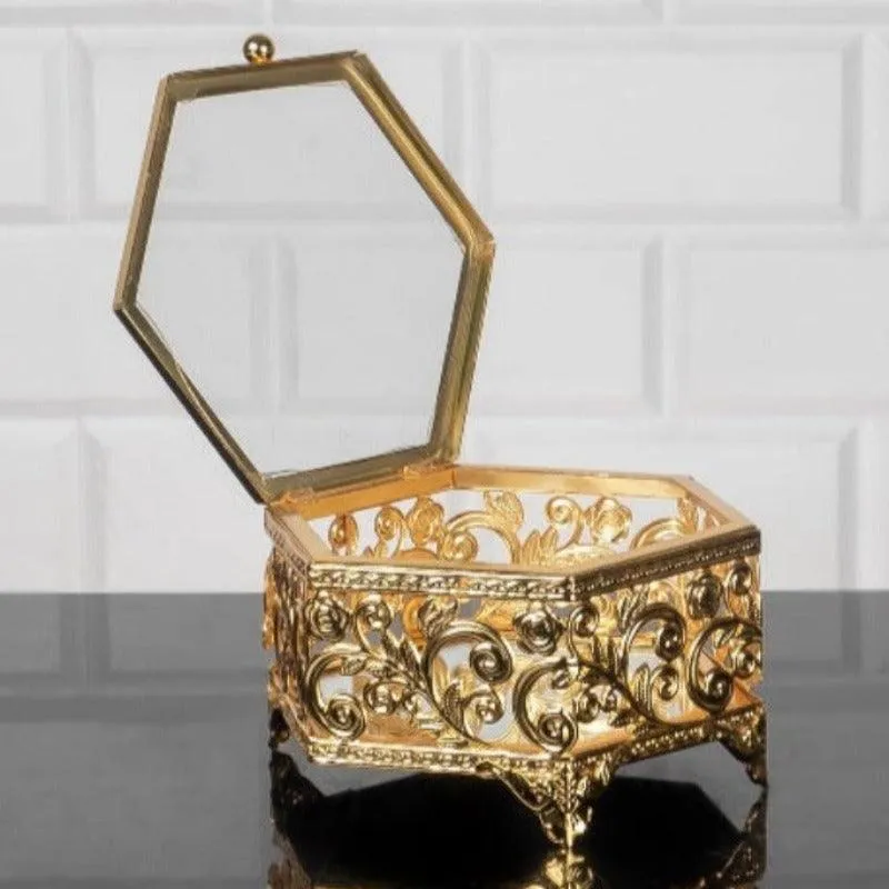 Handmade Hexagon Jewelry Boxes for Women, Gold, 5.1"