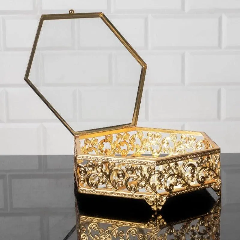 Handmade Hexagon Metal Display Cases with Lids, Vintage Jewelry Box, Gold, 7.9"