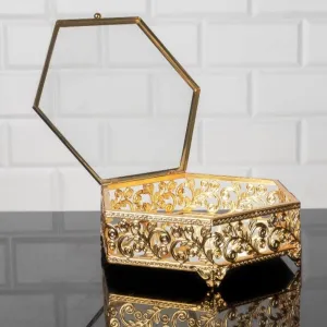 Handmade Hexagon Metal Display Cases with Lids, Vintage Jewelry Box, Gold, 7.9"