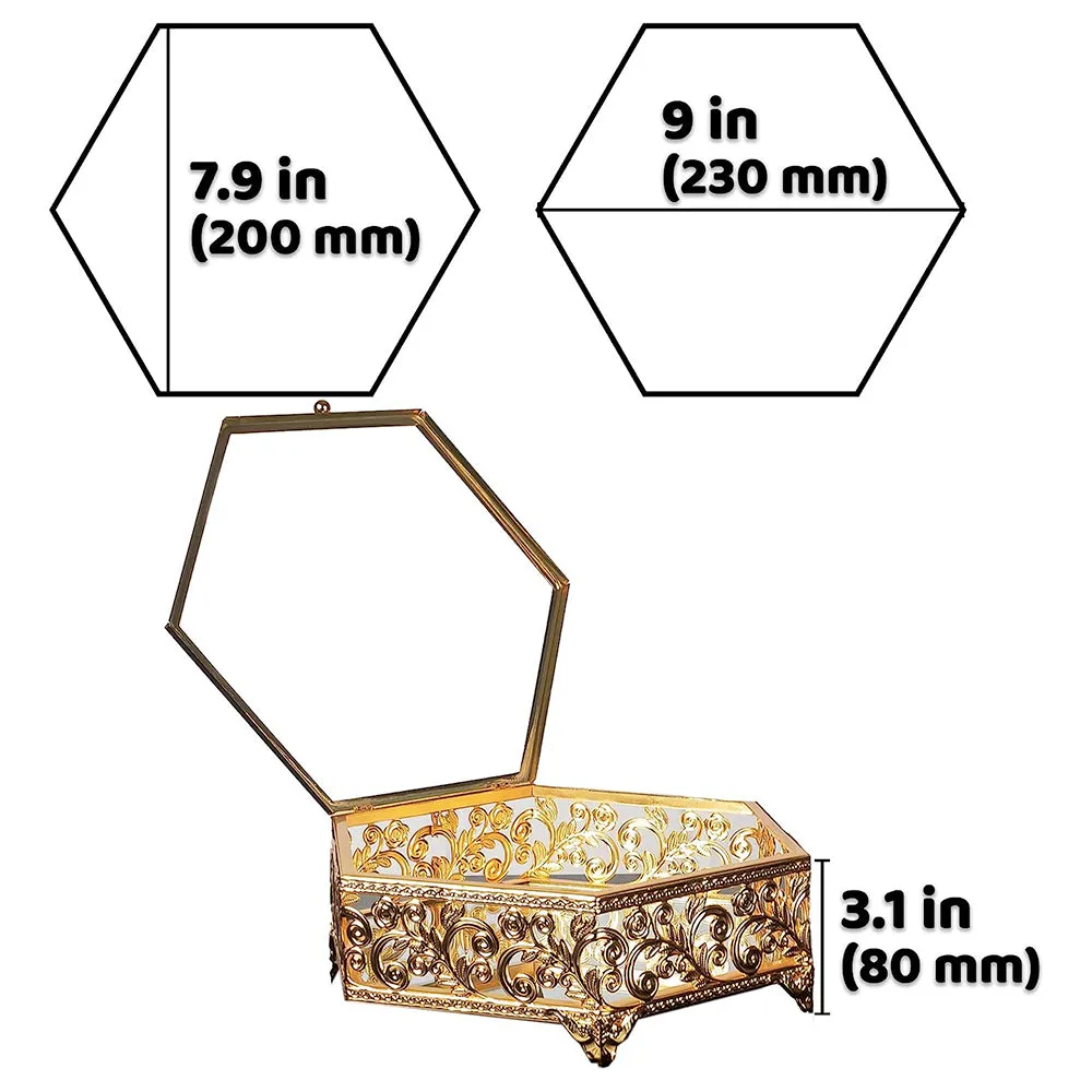 Handmade Hexagon Metal Display Cases with Lids, Vintage Jewelry Box, Gold, 7.9"