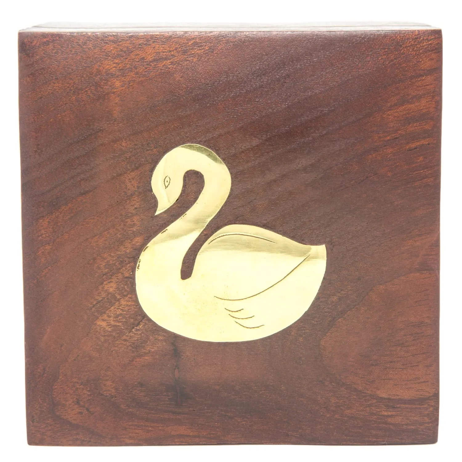 Handmade Wood Square Box Carved By Traditional Artisans Of India- Wood Box Storage-Square Wood Box For Trinkets-Swan Charm,4.5 Inch