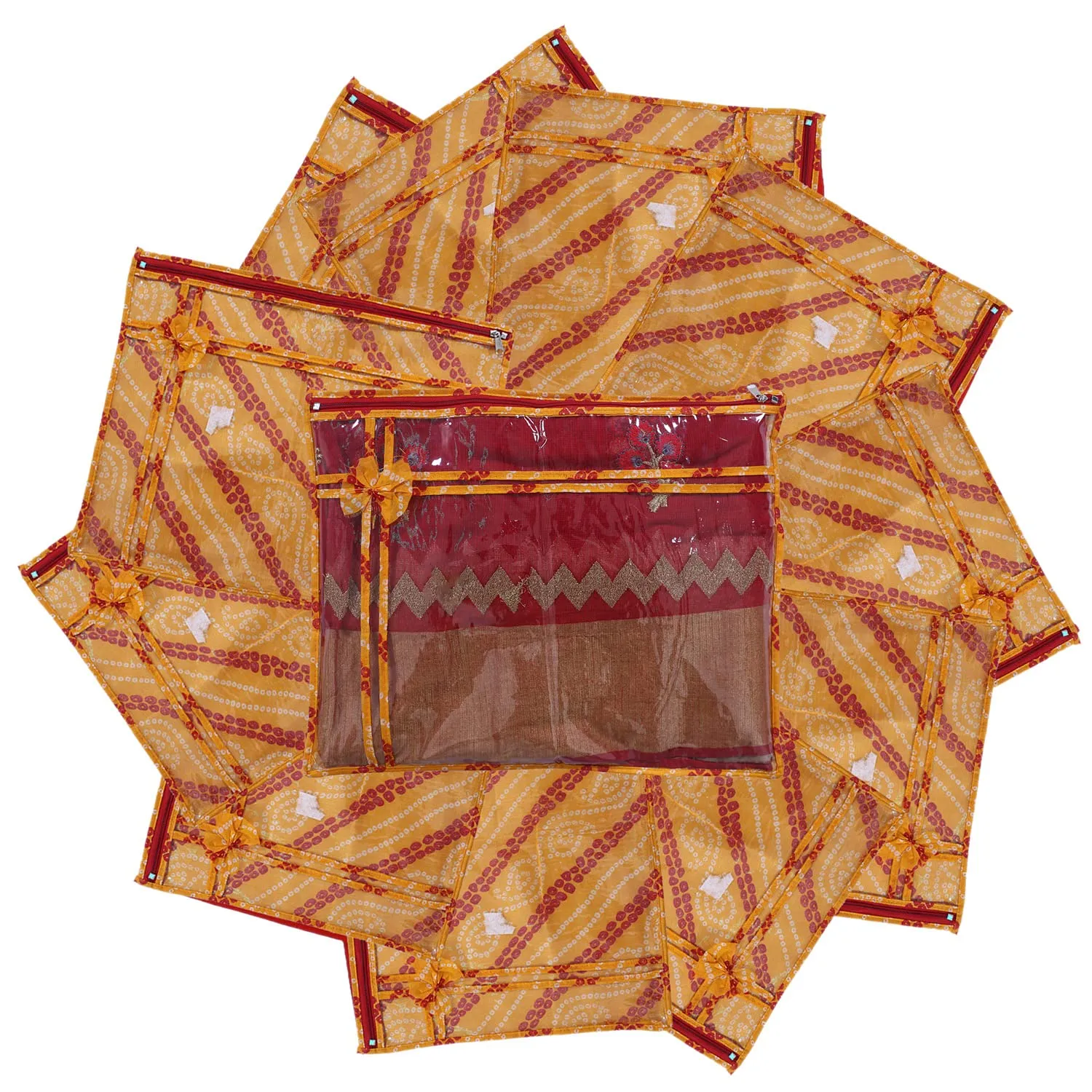 Heart Home Bandhani Print PVC Foldable Single Saree Cover|Clothes Storage For Saree, Lehenga, Suit With Transparent Pack of 6 (Yellow)