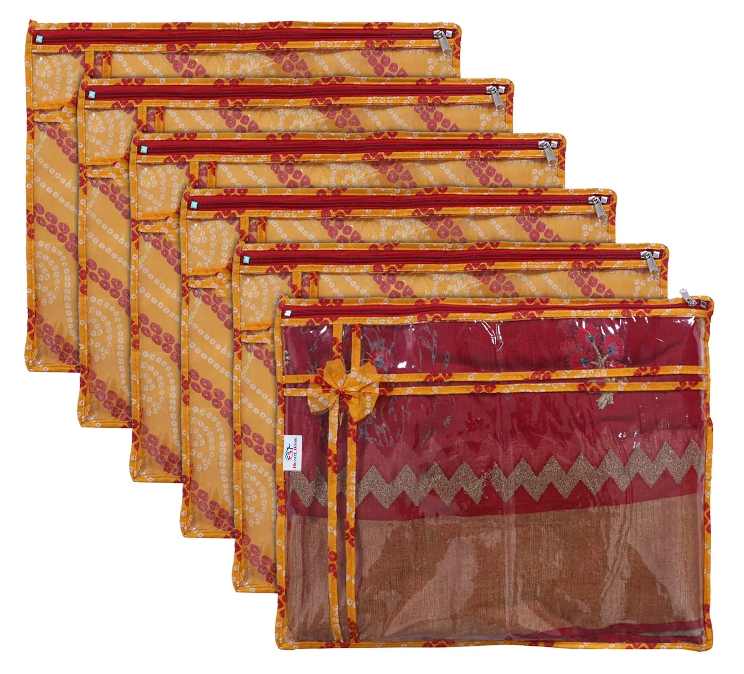Heart Home Bandhani Print PVC Foldable Single Saree Cover|Clothes Storage For Saree, Lehenga, Suit With Transparent Pack of 6 (Yellow)
