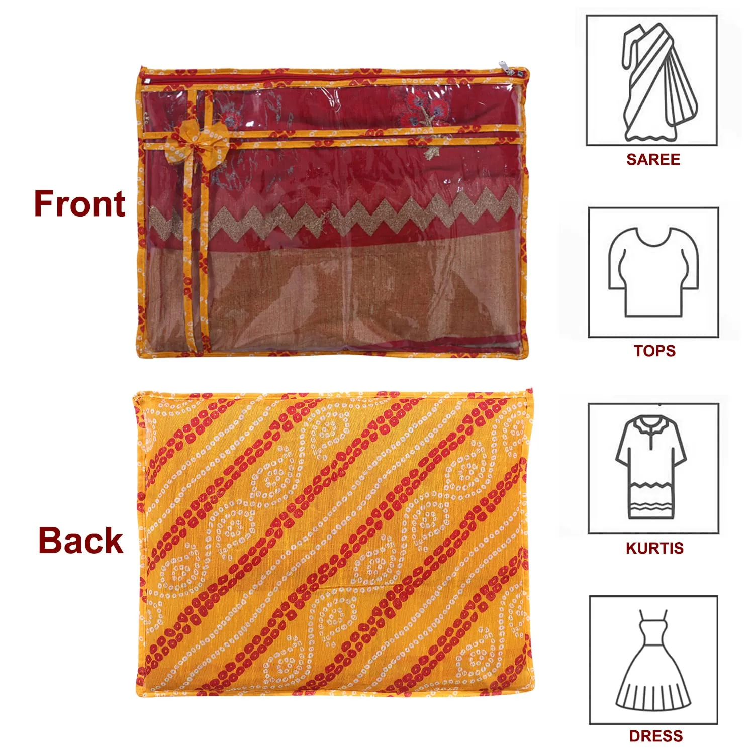 Heart Home Bandhani Print PVC Foldable Single Saree Cover|Clothes Storage For Saree, Lehenga, Suit With Transparent Pack of 6 (Yellow)
