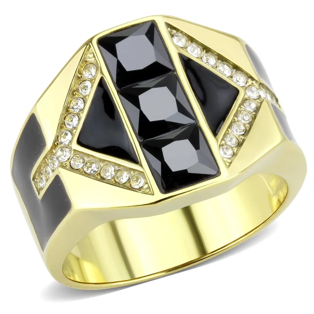 IP Gold(Ion Plating) Stainless Steel Ring with AAA Grade CZ in Black Diamond for Women Style TK3721