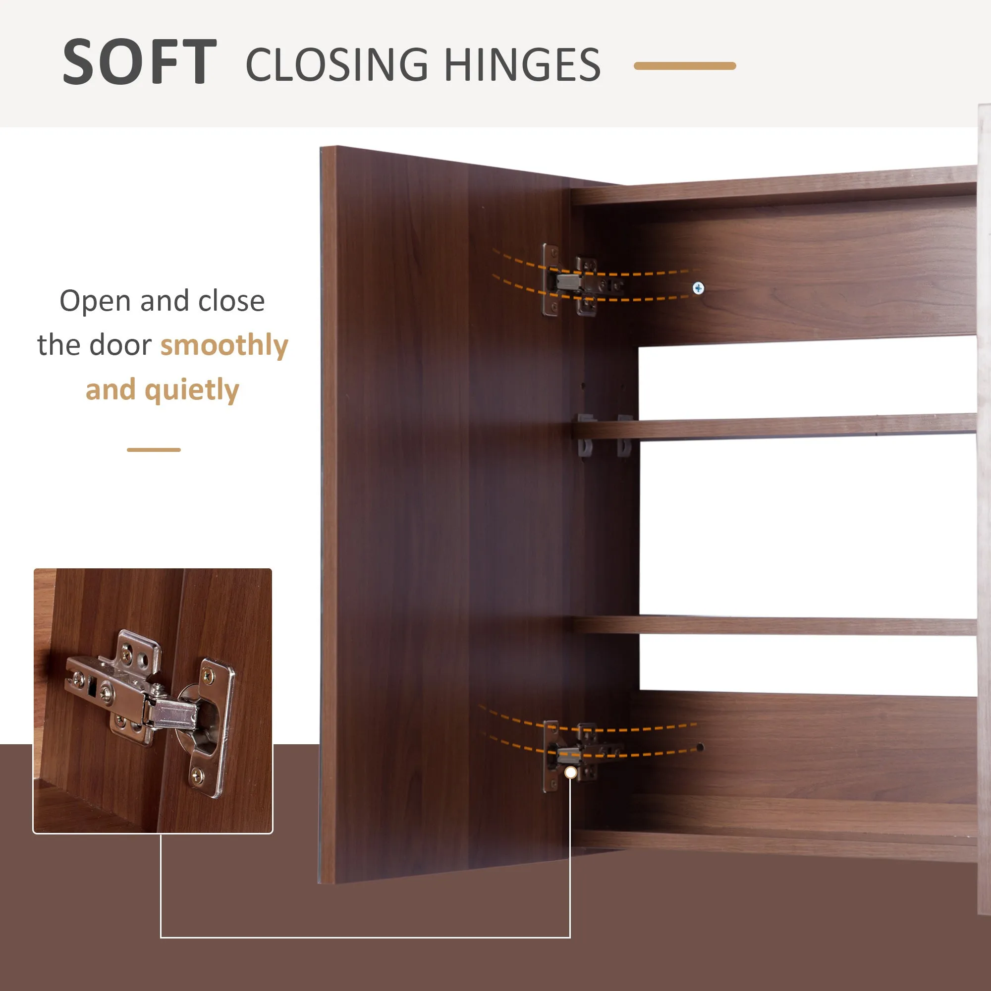 kleankin Wall Mounted Glass Bathroom Mirror Cabinet Storage Shelf, 63Wx60Hx13.5T cm-Walnut