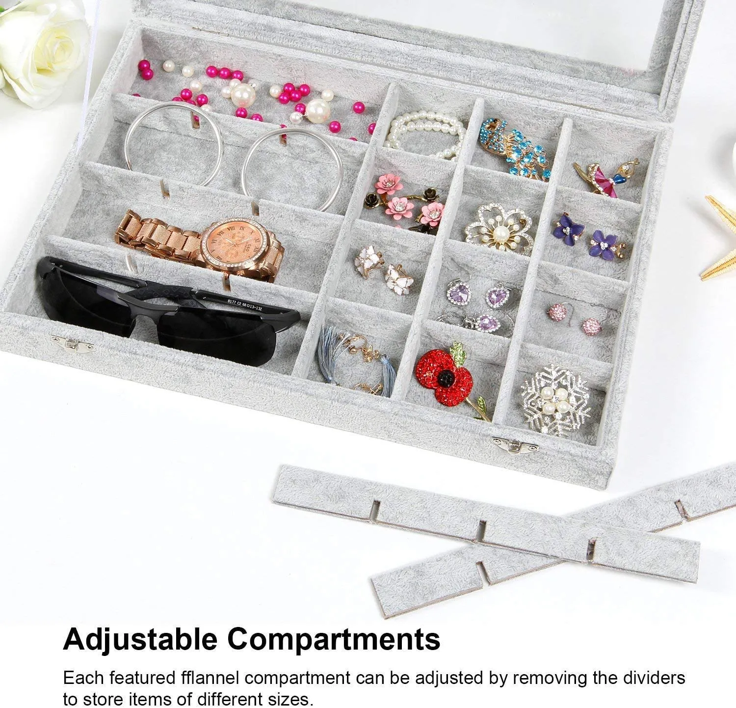 KriShyam® 24 Grid Velvet Jewelry Storage box Bathroom Cosmetic Organizers with Clear Transparent Lid Velvet material jewelry Storage Organizer Box,Lockable,Removable grid,(24 Grid,Grey)35 x 24 x 5cm