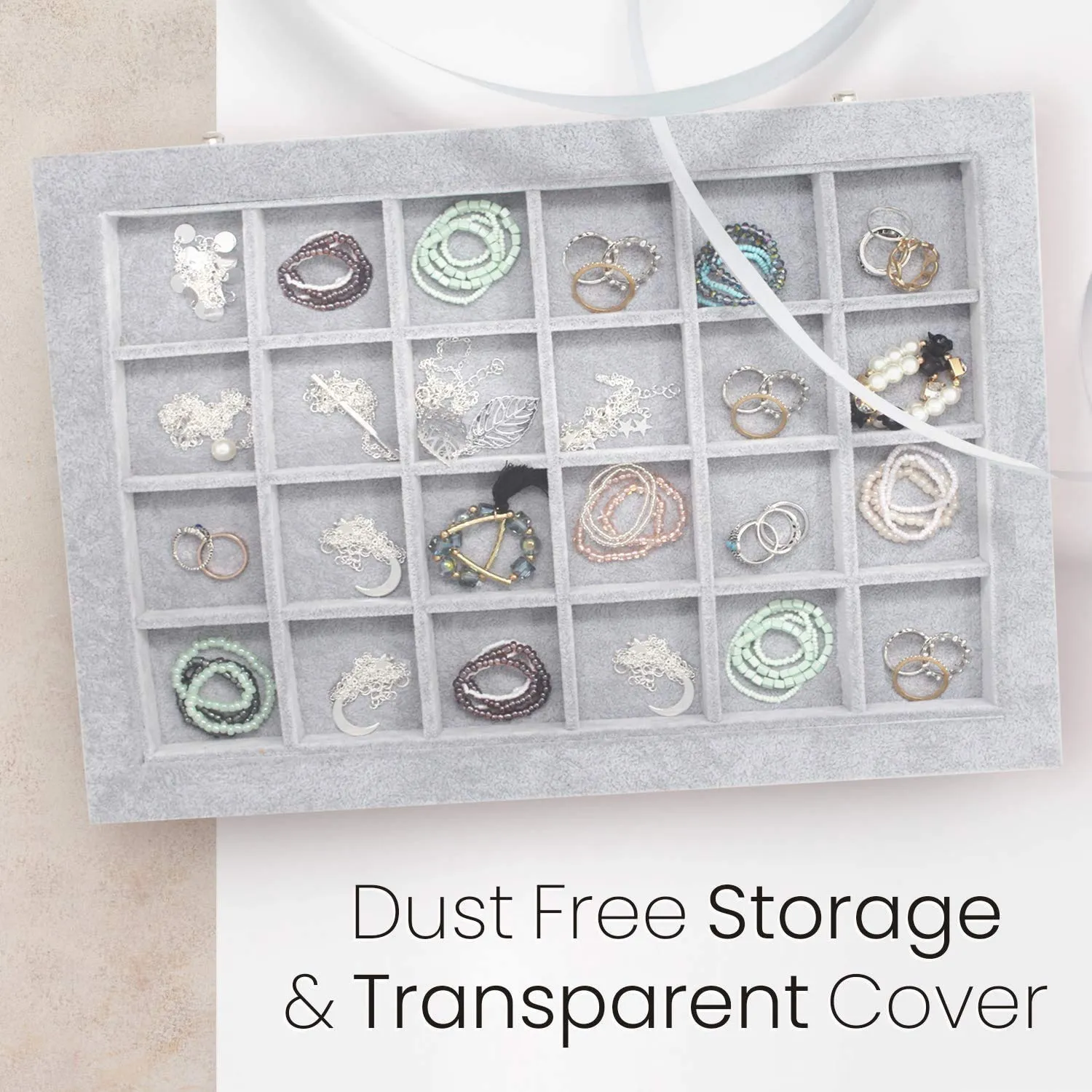 KriShyam® 24 Grid Velvet Jewelry Storage box Bathroom Cosmetic Organizers with Clear Transparent Lid Velvet material jewelry Storage Organizer Box,Lockable,Removable grid,(24 Grid,Grey)35 x 24 x 5cm