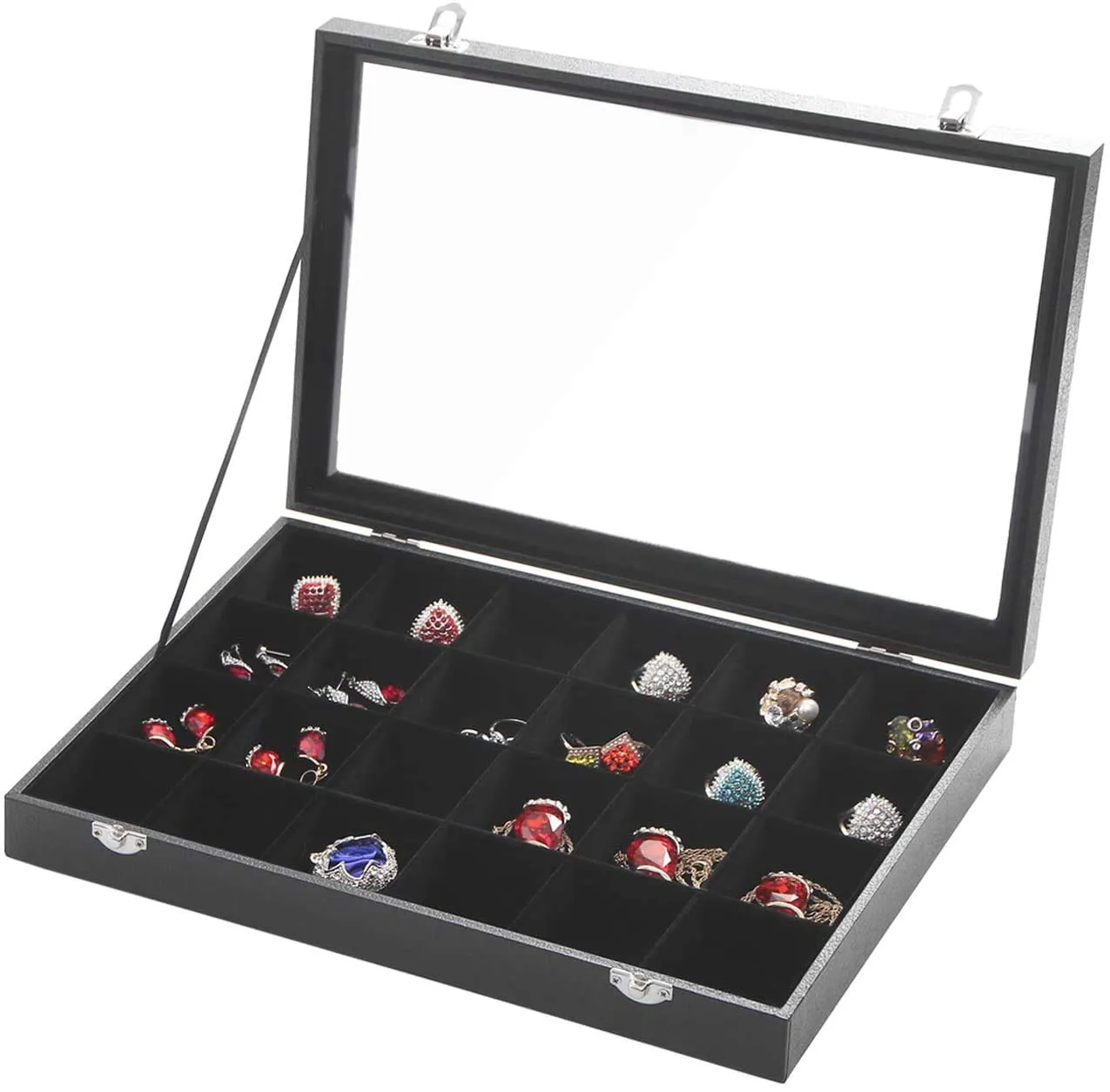 KriShyam®  Removable 24 Grid Jewelry Boxes Stackers Jewelry Display Case Clear Top New Velvet material with Lock (24 Grid Box Black)35 x 24 x 5cm