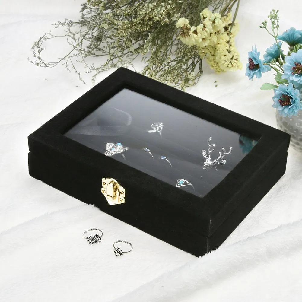 KriShyam® Women Velvet Glass Ring Earrings Jewellery Box Display Storage Showcase Holder Organizer,Ring Display Box Velvet Fabric Glass Tray Holder Storage Box Organizer (BLACK)