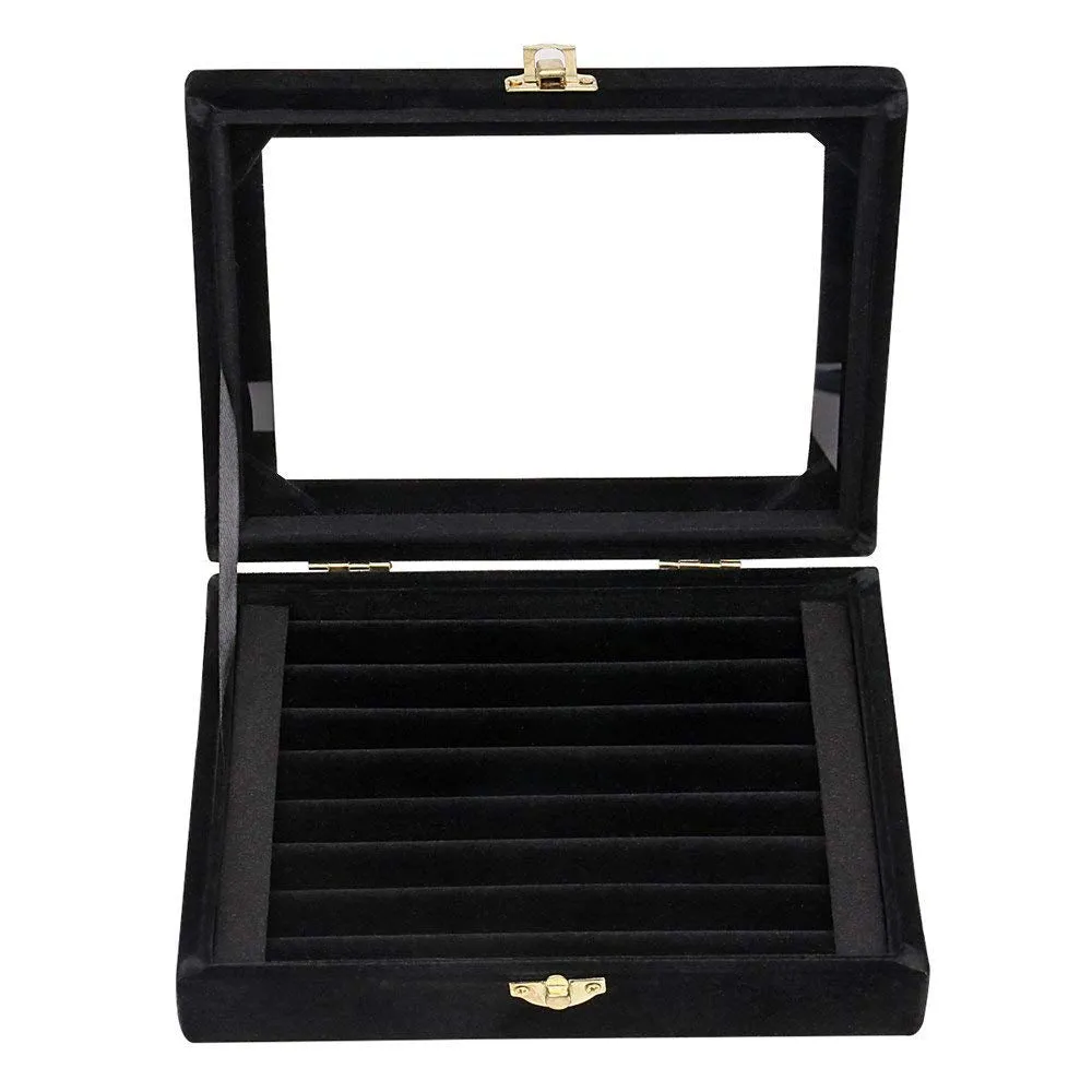 KriShyam® Women Velvet Glass Ring Earrings Jewellery Box Display Storage Showcase Holder Organizer,Ring Display Box Velvet Fabric Glass Tray Holder Storage Box Organizer (BLACK)
