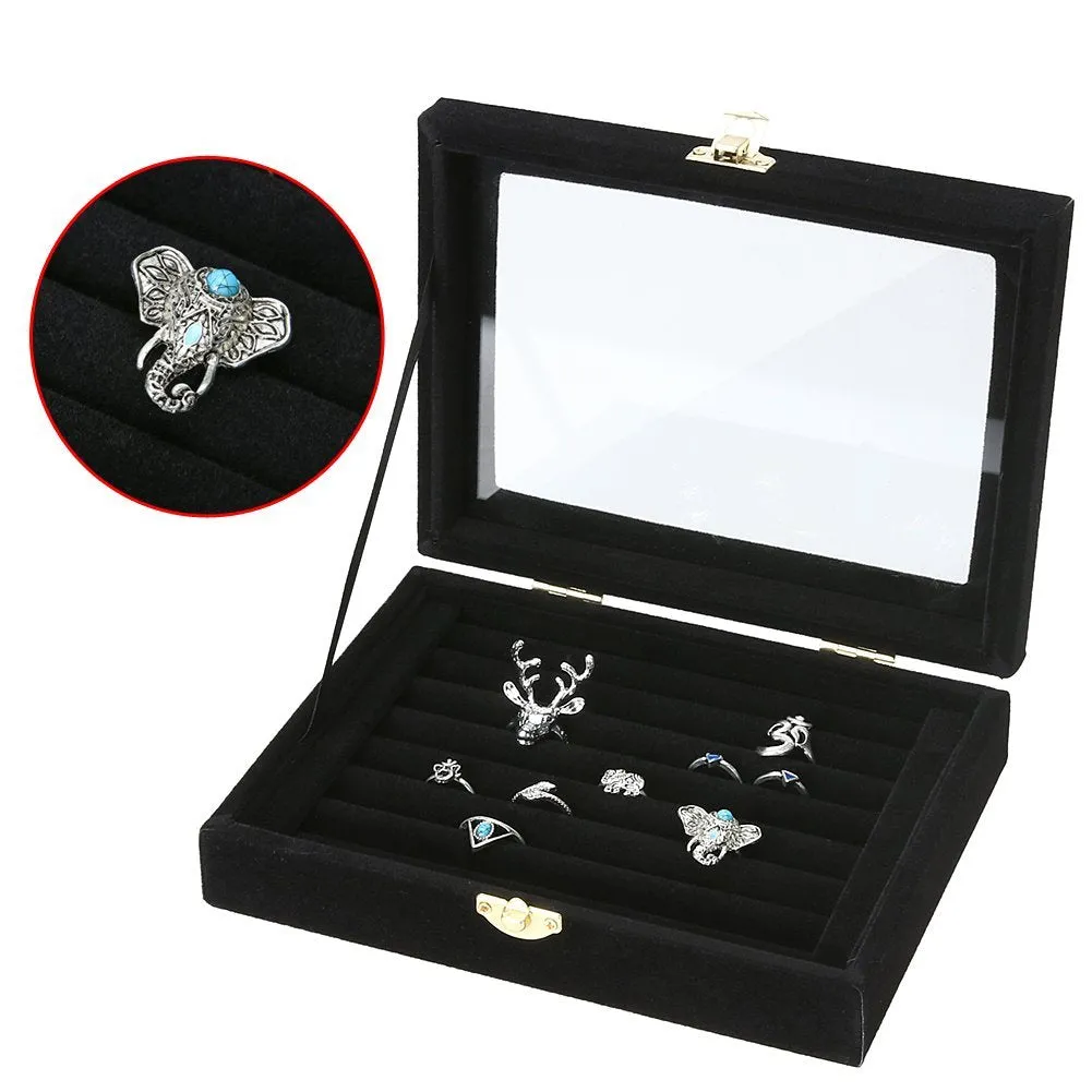 KriShyam® Women Velvet Glass Ring Earrings Jewellery Box Display Storage Showcase Holder Organizer,Ring Display Box Velvet Fabric Glass Tray Holder Storage Box Organizer (BLACK)