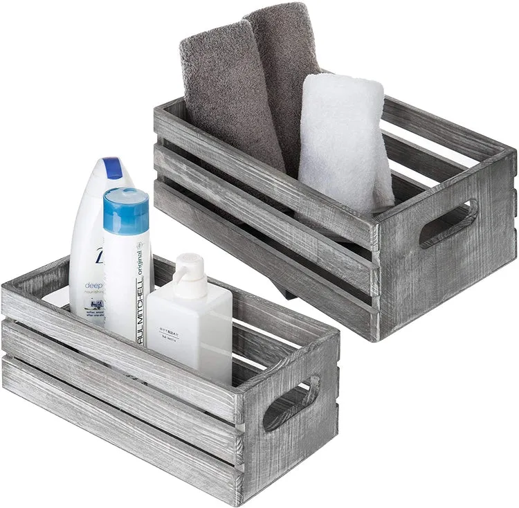 Light Gray Wood Nesting , Storage Crate Boxes with Handles, Set of 2