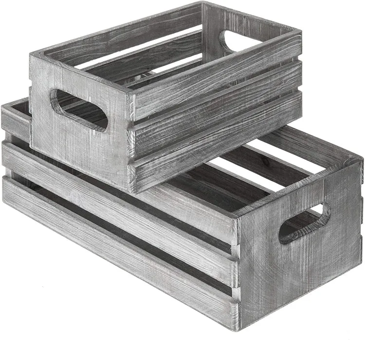 Light Gray Wood Nesting , Storage Crate Boxes with Handles, Set of 2