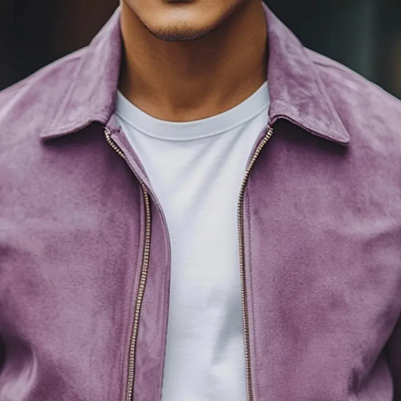 Men's Stylish Casual Solid Color Lapel Zipper Suede Jacket 65474460K