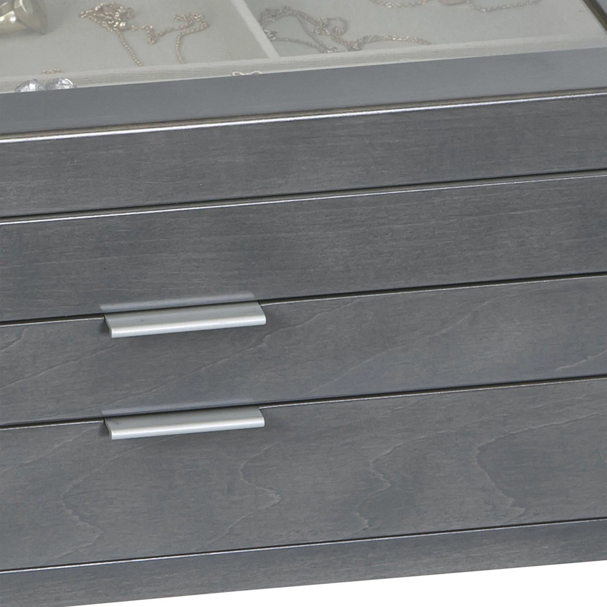 Misty Glass Top Wooden Jewelry Box in Oceanside Grey Finish
