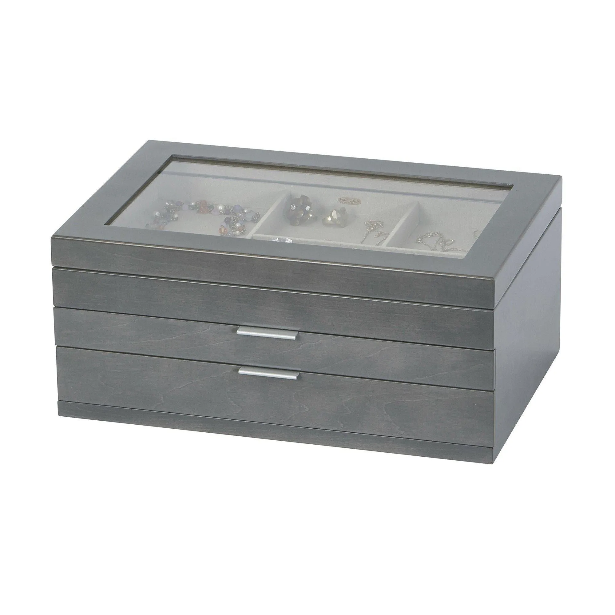 Misty Glass Top Wooden Jewelry Box in Oceanside Grey Finish