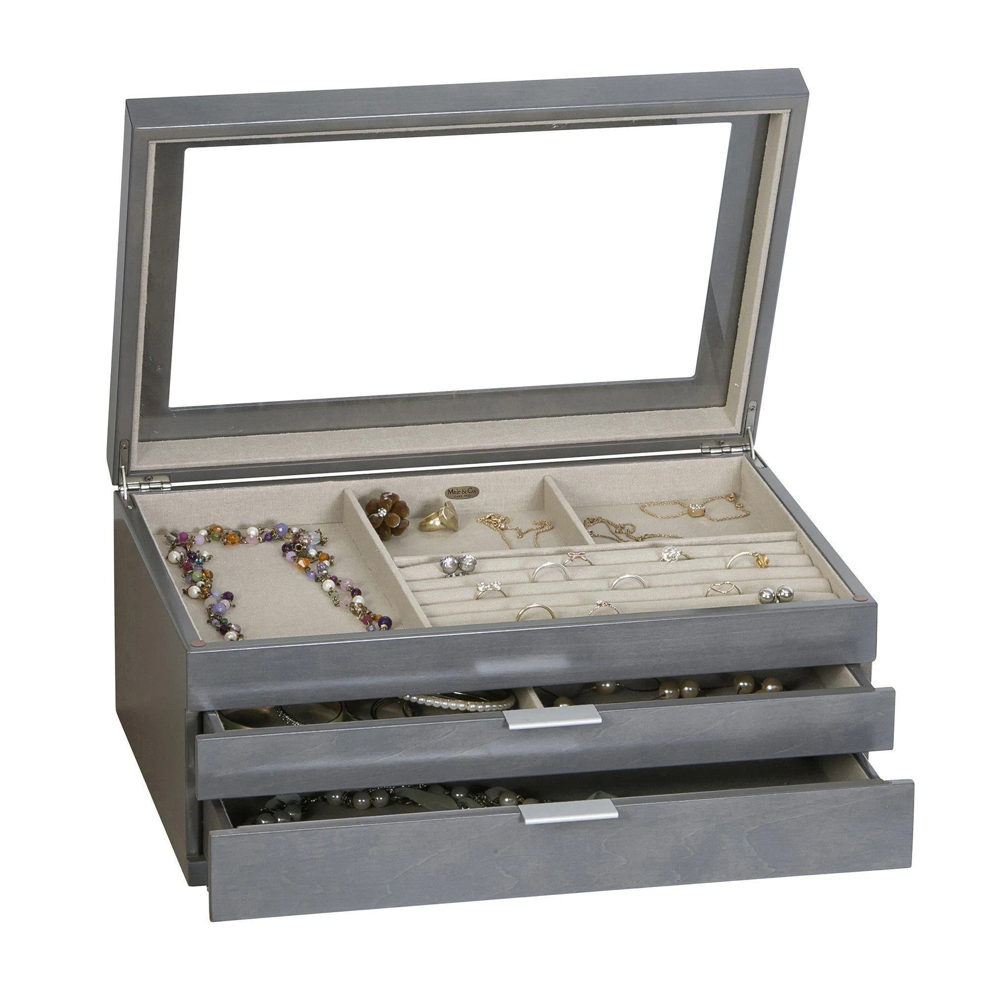 Misty Glass Top Wooden Jewelry Box in Oceanside Grey Finish