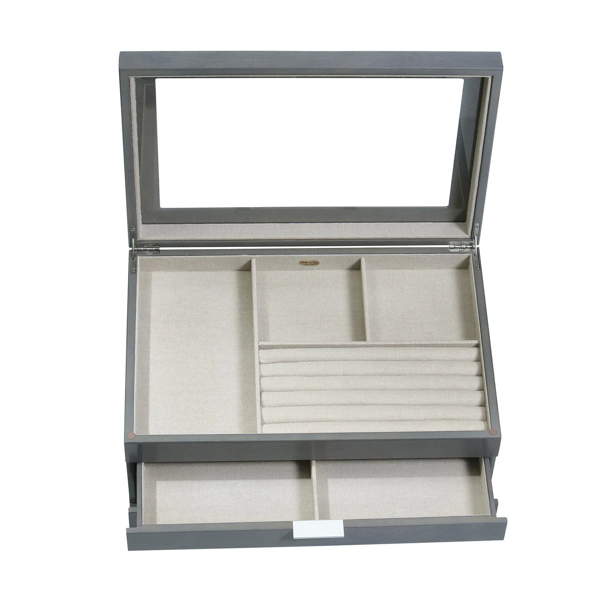 Misty Glass Top Wooden Jewelry Box in Oceanside Grey Finish