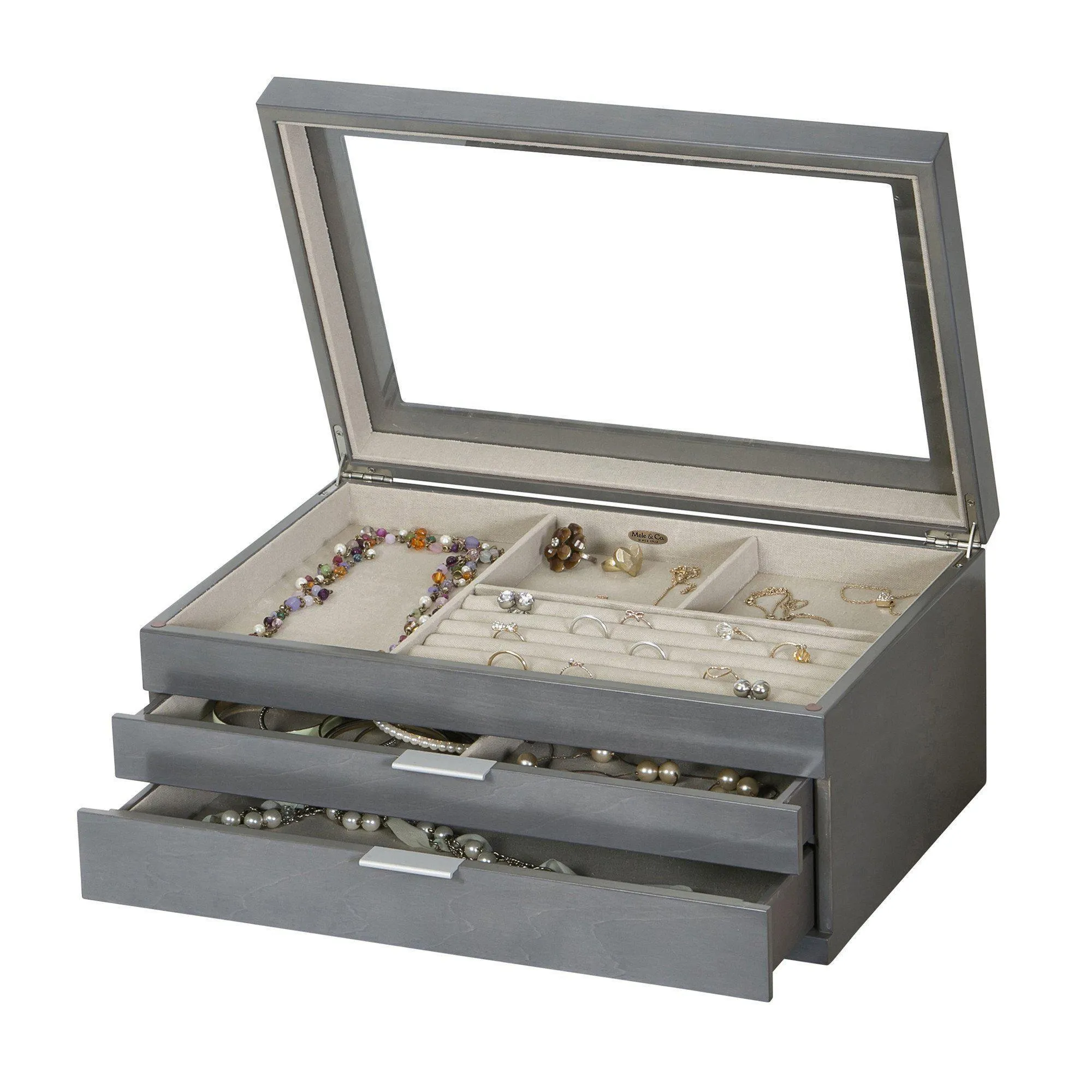 Misty Glass Top Wooden Jewelry Box in Oceanside Grey Finish