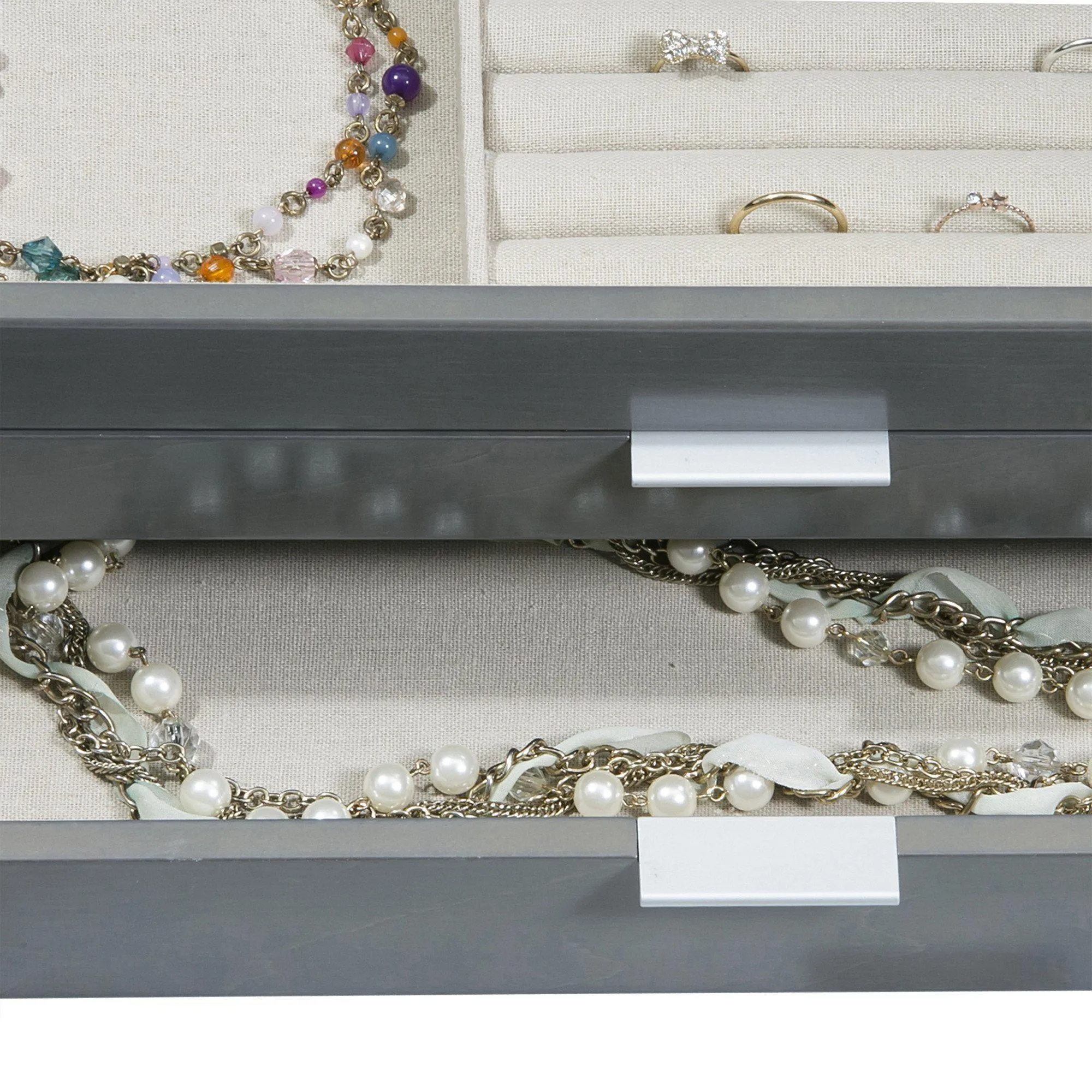 Misty Glass Top Wooden Jewelry Box in Oceanside Grey Finish