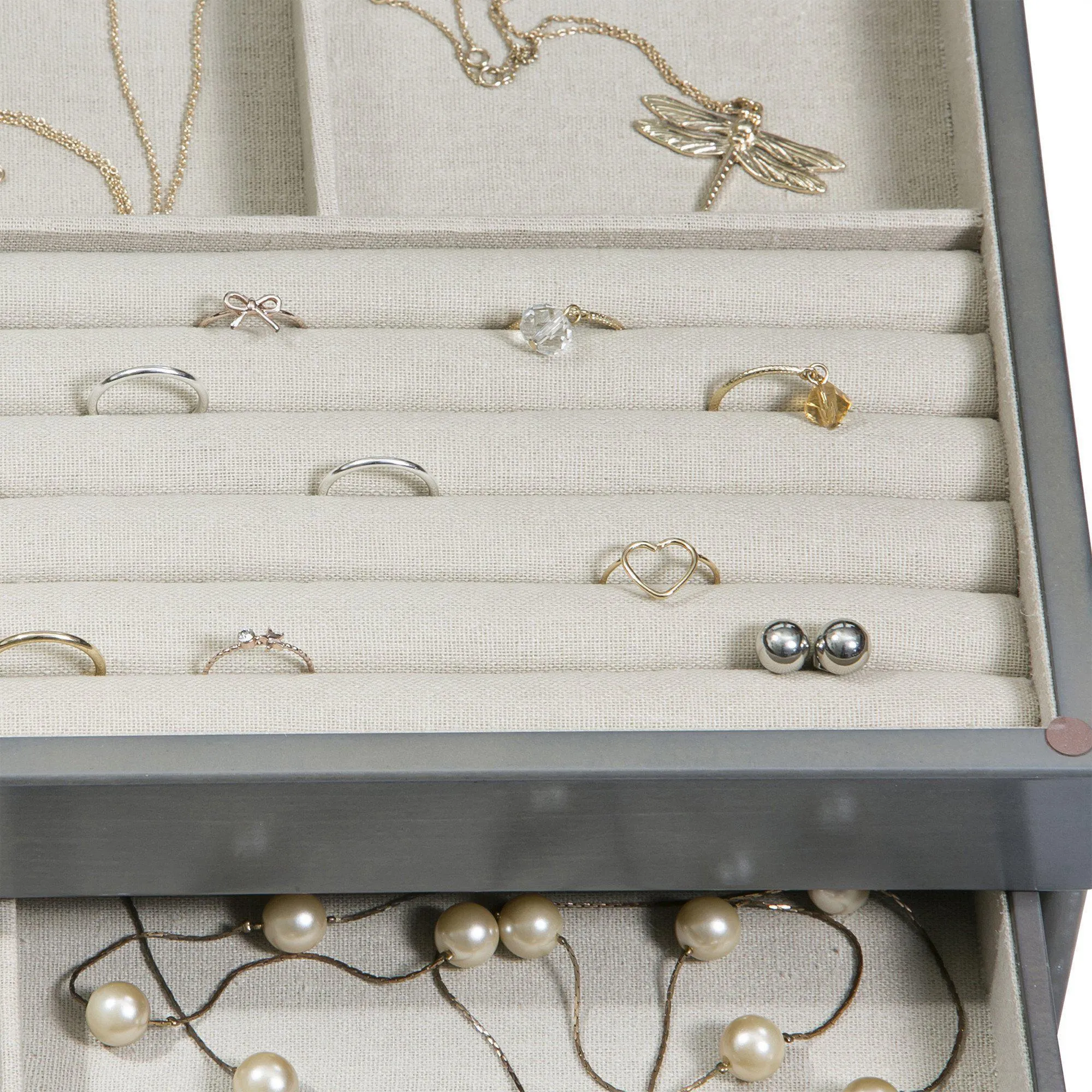 Misty Glass Top Wooden Jewelry Box in Oceanside Grey Finish