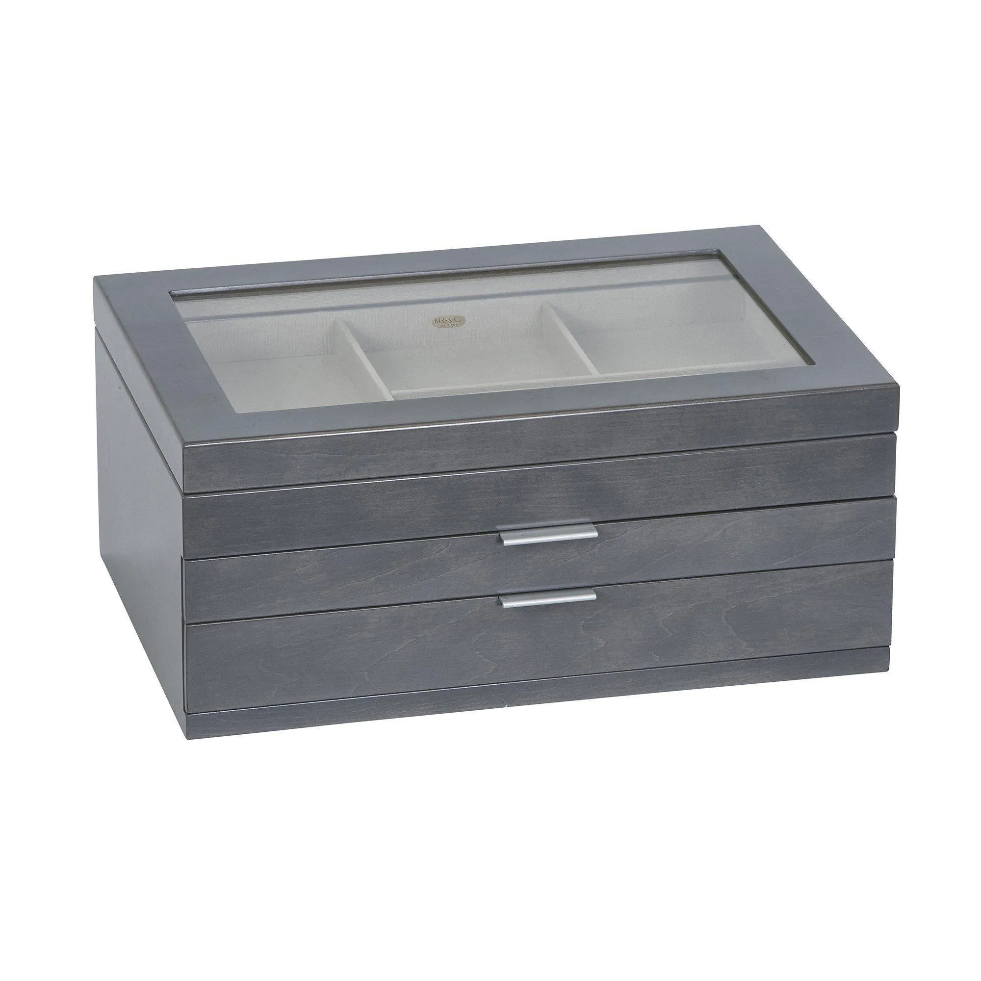 Misty Glass Top Wooden Jewelry Box in Oceanside Grey Finish