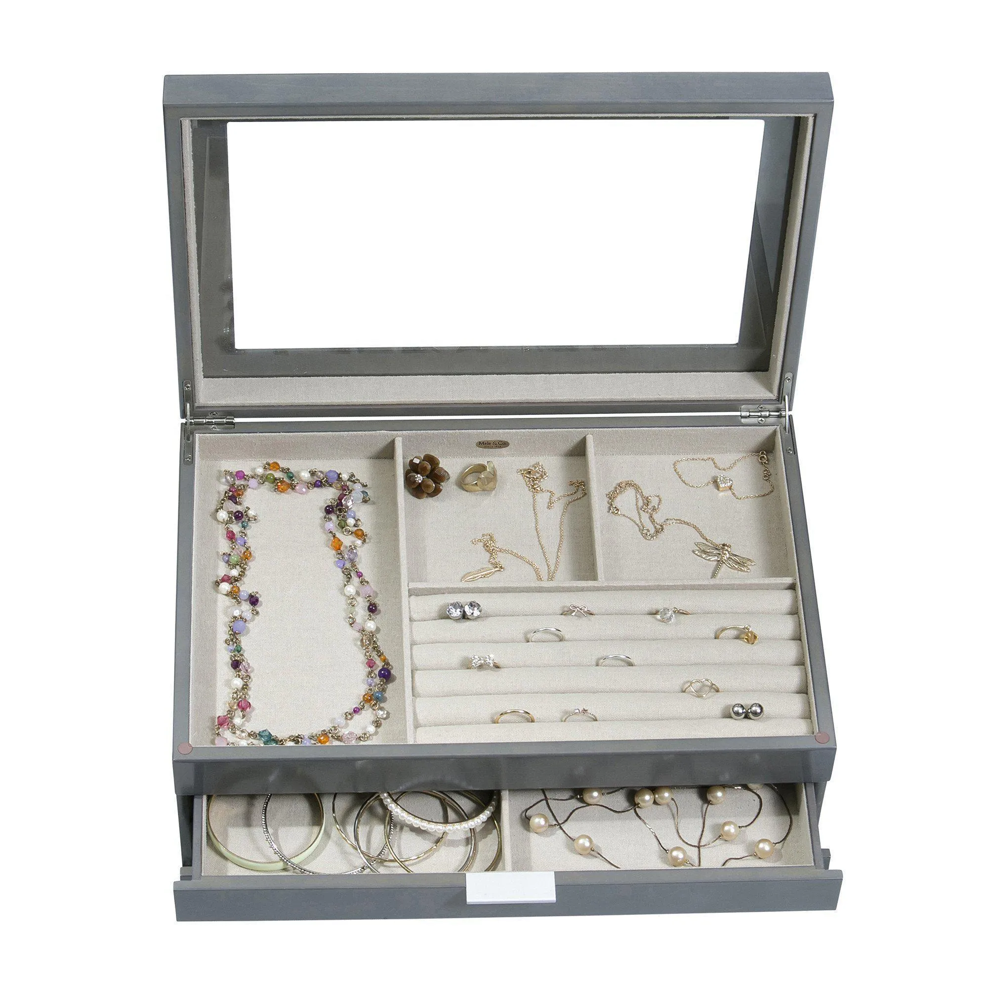 Misty Glass Top Wooden Jewelry Box in Oceanside Grey Finish