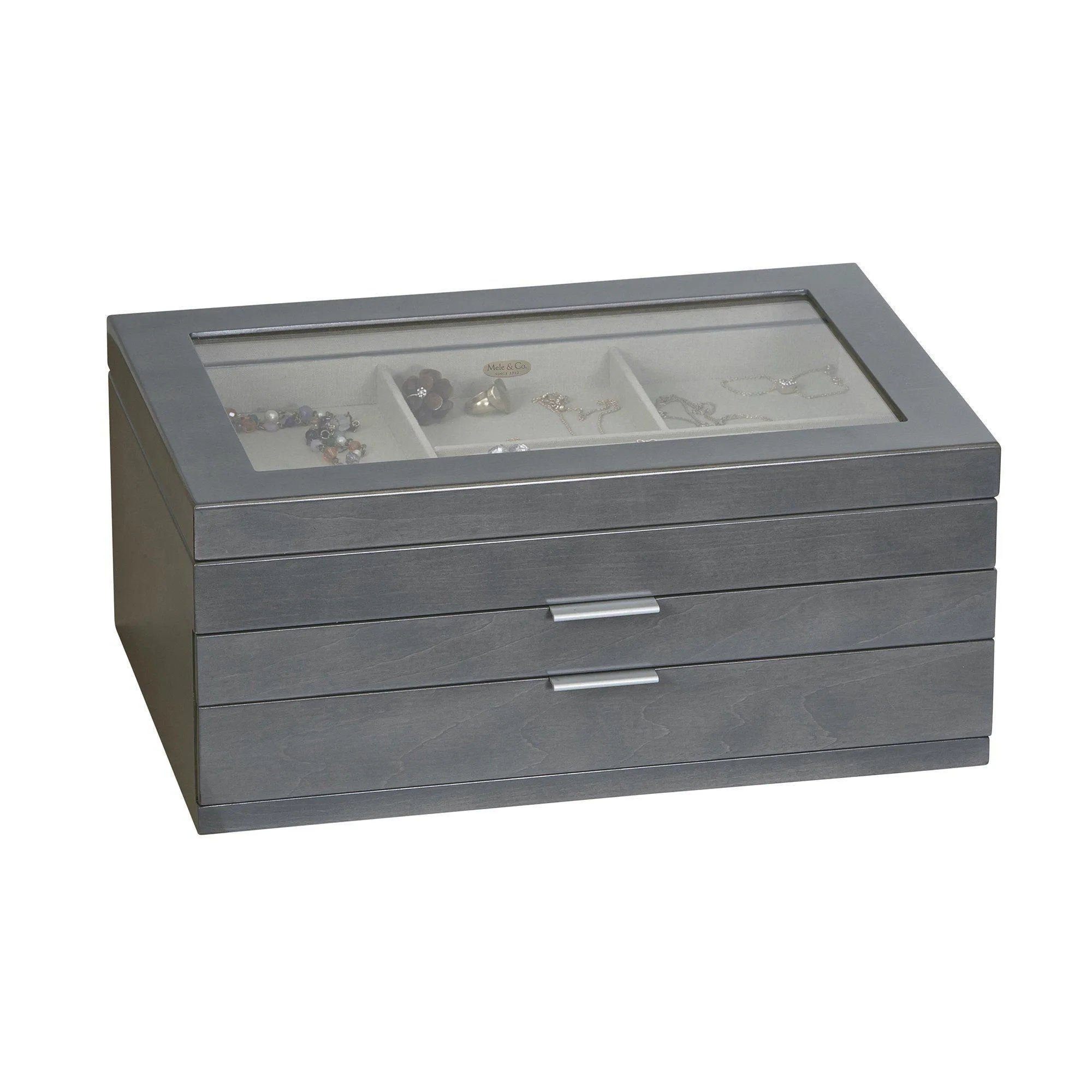 Misty Glass Top Wooden Jewelry Box in Oceanside Grey Finish