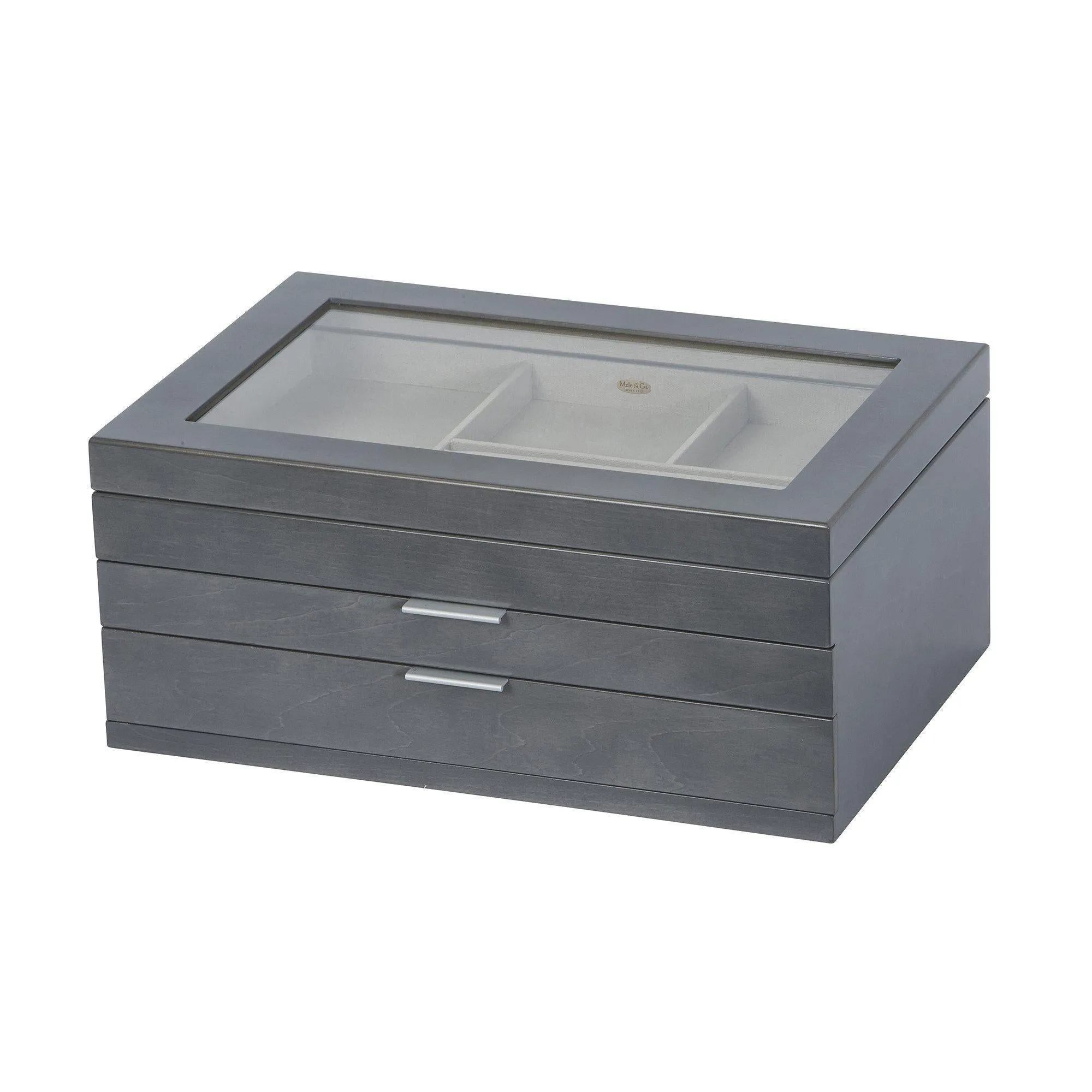 Misty Glass Top Wooden Jewelry Box in Oceanside Grey Finish