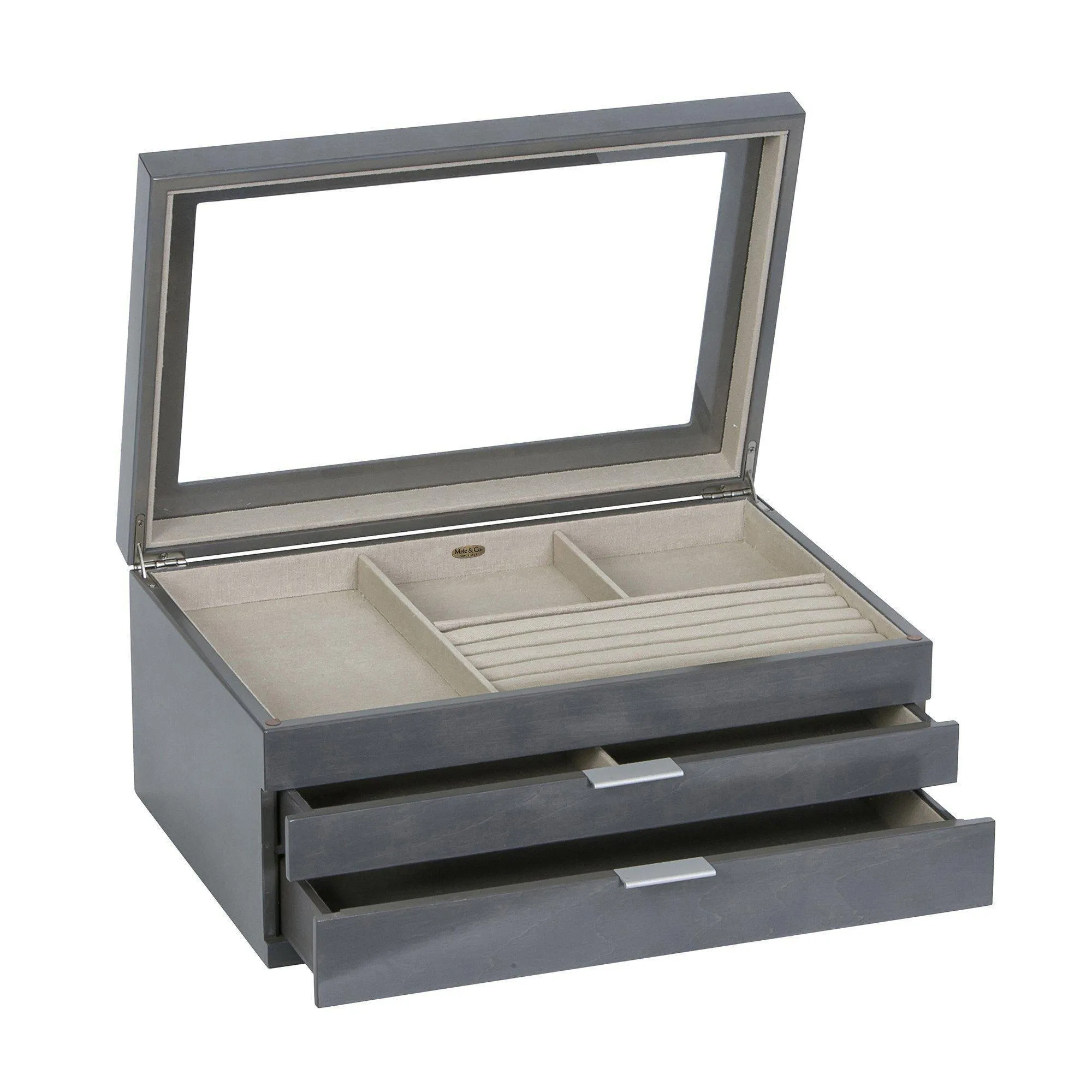 Misty Glass Top Wooden Jewelry Box in Oceanside Grey Finish
