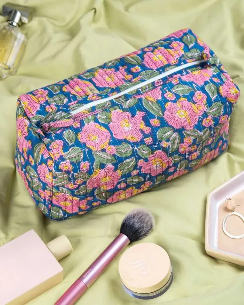 Nature Garden Paradise Block Printed Quilted Cotton Toiletry Pouches | Set Of 2