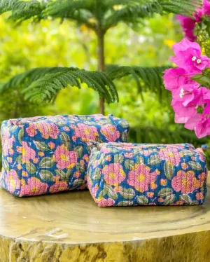Nature Garden Paradise Block Printed Quilted Cotton Toiletry Pouches | Set Of 2