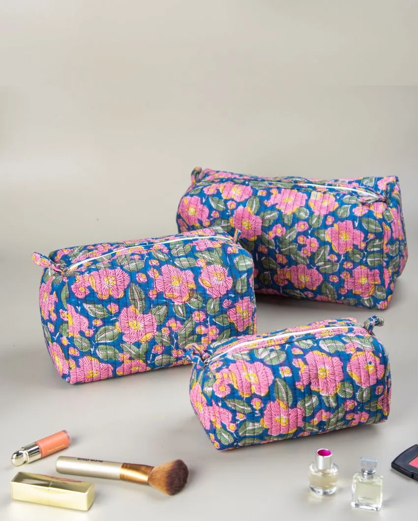 Nature Garden Paradise Block Printed Quilted Cotton Toiletry Pouches | Set Of 2
