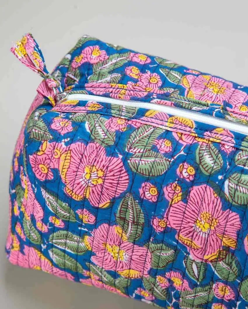 Nature Garden Paradise Block Printed Quilted Cotton Toiletry Pouches | Set Of 2